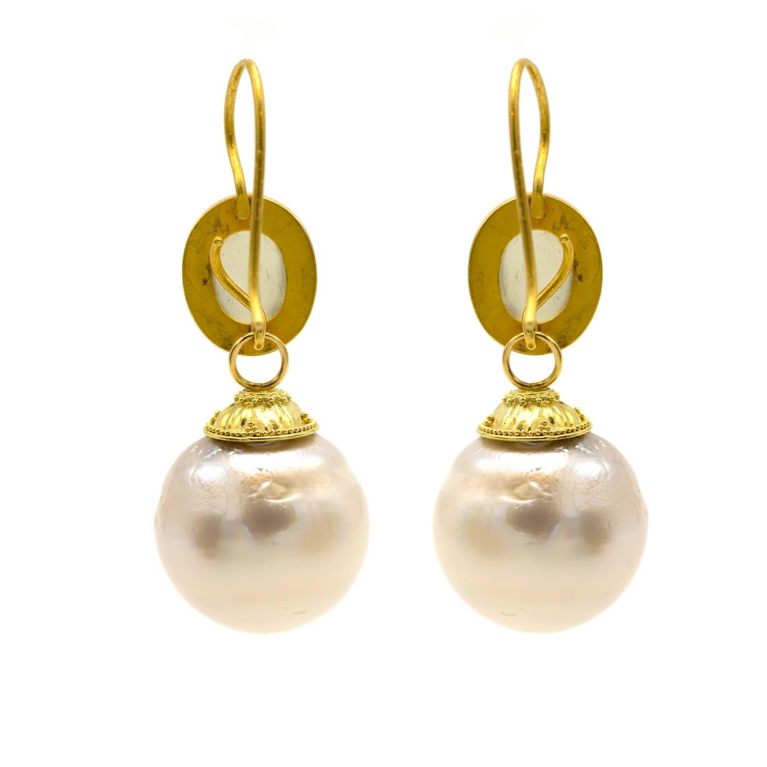 Modern Fresh Water Pearl and Oval Moonstone Drop Earrings in Yellow Gold