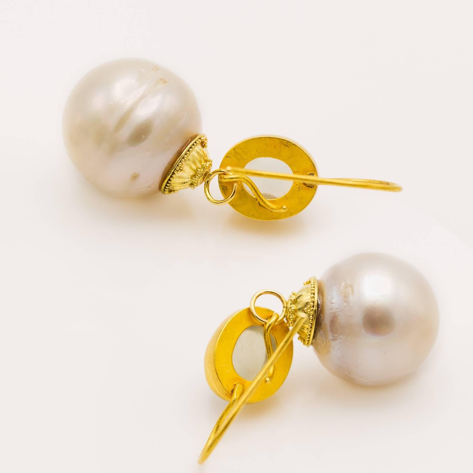 Women's Fresh Water Pearl and Oval Moonstone Drop Earrings in Yellow Gold
