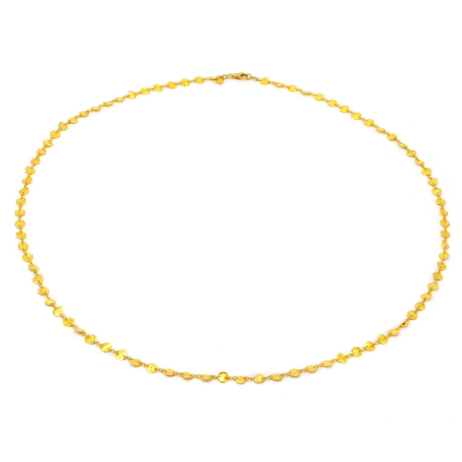 Modern Long 24 Karat Yellow Gold Hammered Gold Coin Necklace