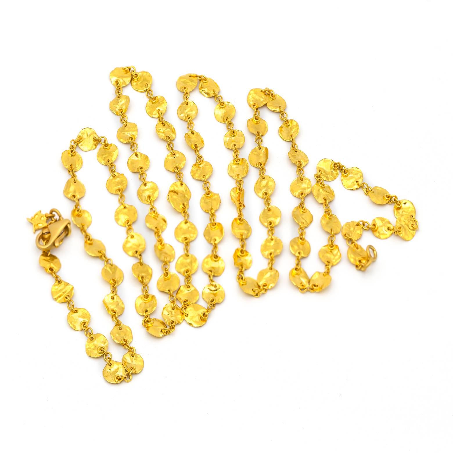 Long 24 Karat Yellow Gold Hammered Gold Coin Necklace In Excellent Condition In Berkeley, CA