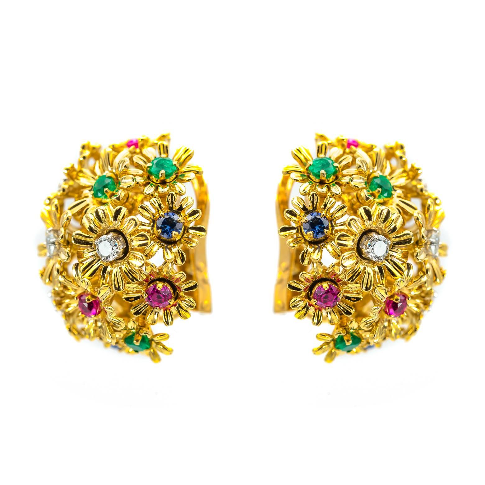 Round Cut Tremblant Yellow Gold Earrings Flower with Diamonds Rubies Emeralds Sapphire
