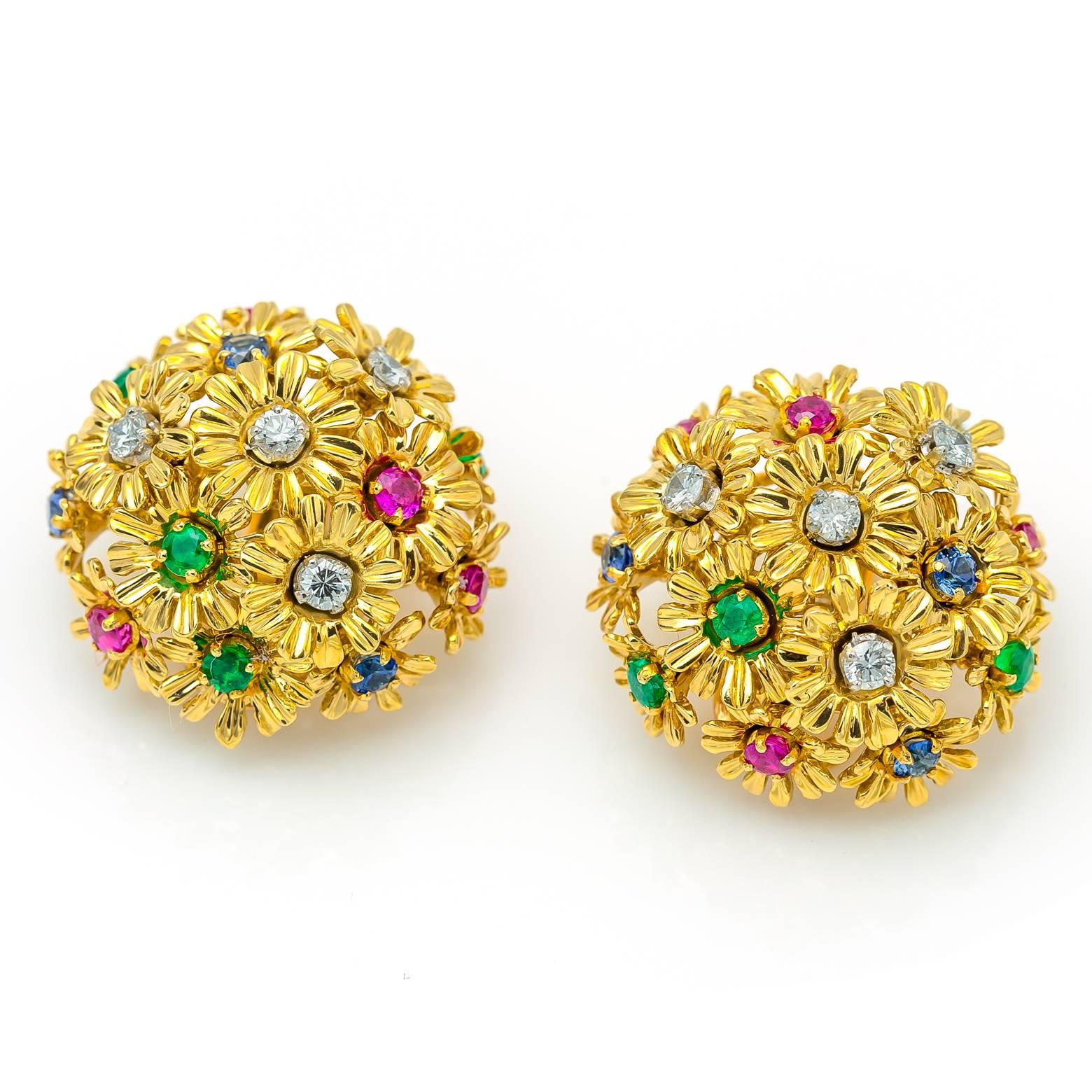 Tremblant Yellow Gold Earrings Flower with Diamonds Rubies Emeralds Sapphire In Excellent Condition In Berkeley, CA