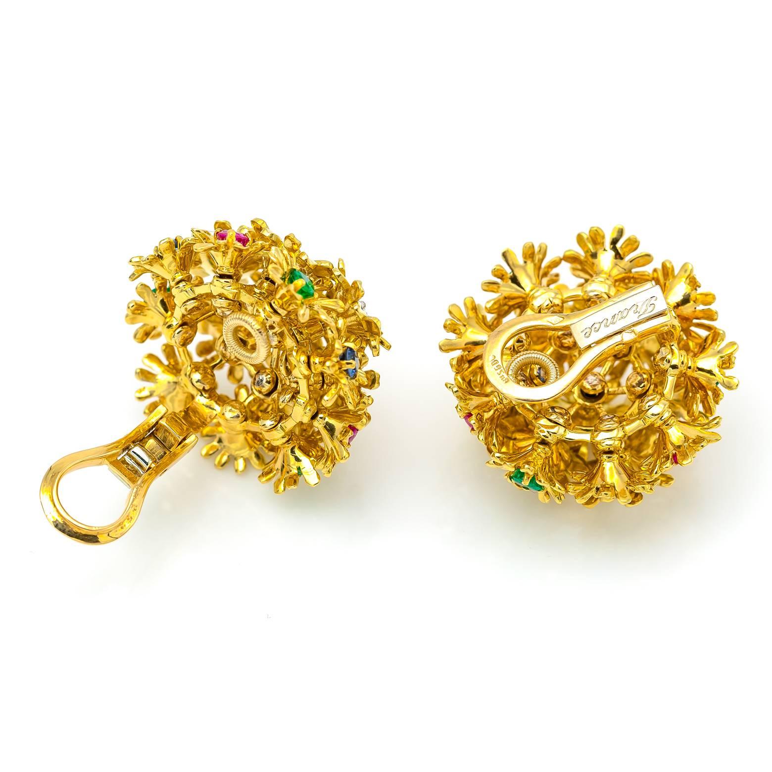 Women's Tremblant Yellow Gold Earrings Flower with Diamonds Rubies Emeralds Sapphire