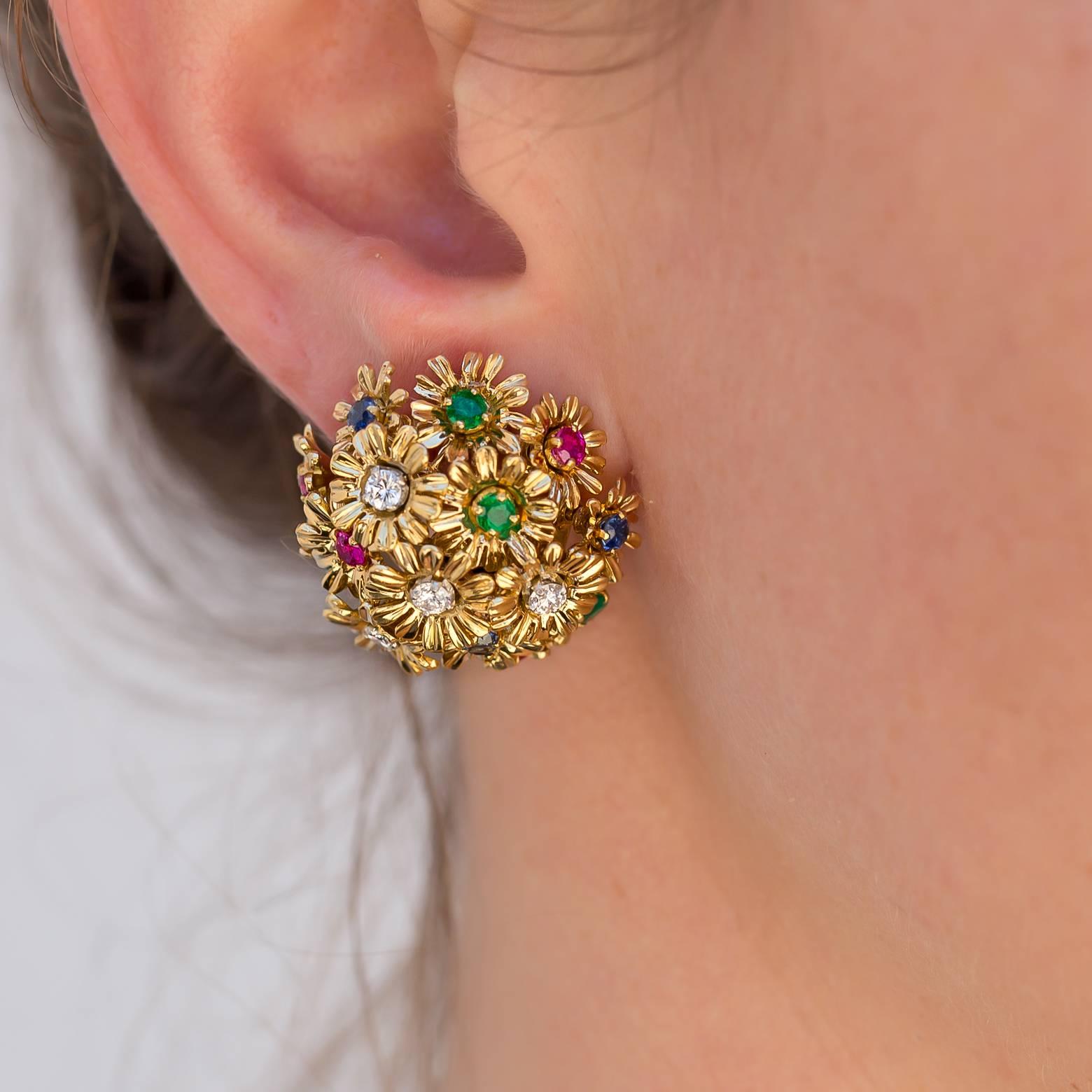 Modern Tremblant Yellow Gold Earrings Flower with Diamonds Rubies Emeralds Sapphire
