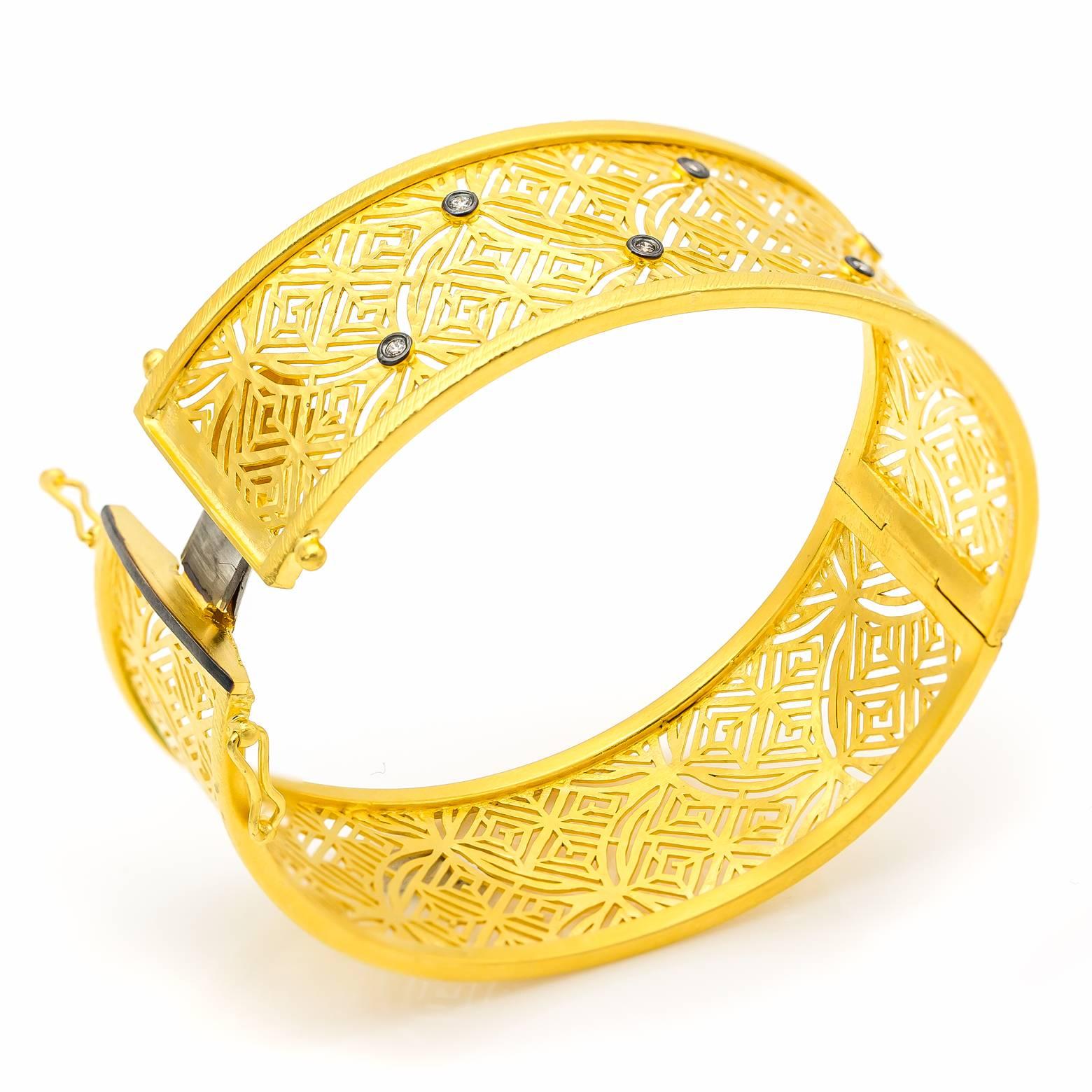 Modern Gold Vermeil Filigree and Diamond Cuff Clasp Bracelet with Accent Diamonds
