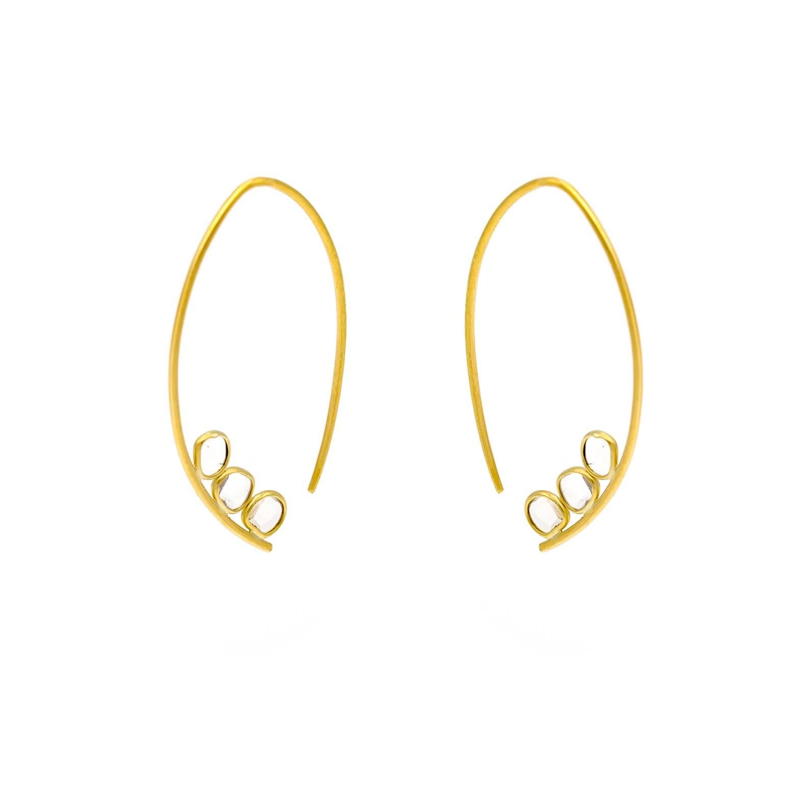 Artistic and chic these satin 18K yellow gold drop earrings are hoop-like with 6 rose cut diamonds that sparkle. Great everyday earrings that can easily dress up any outfit. Beautiful and stylish. 