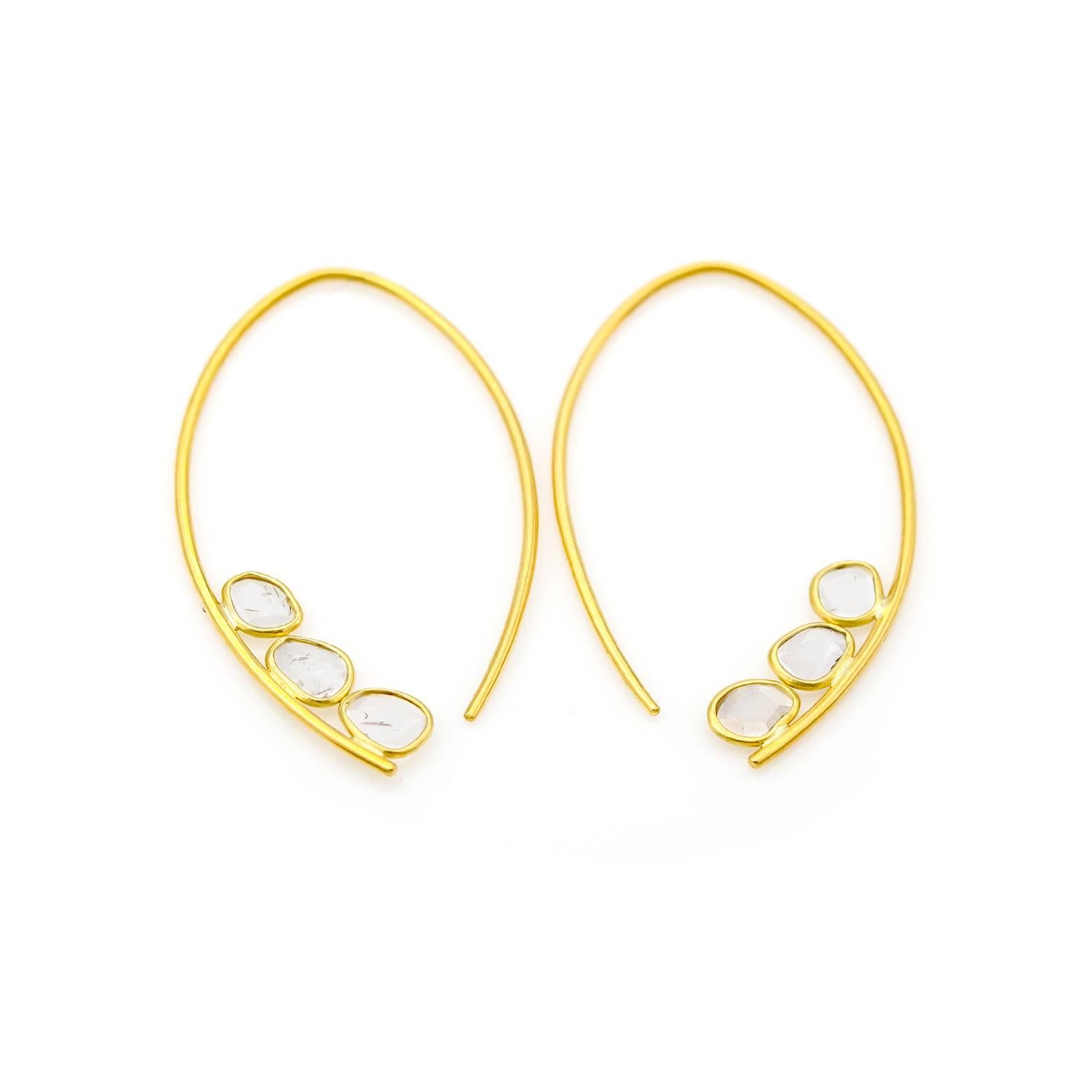 Modern Satin Yellow Gold and Rose Cut Diamond Drop Hoop Earrings