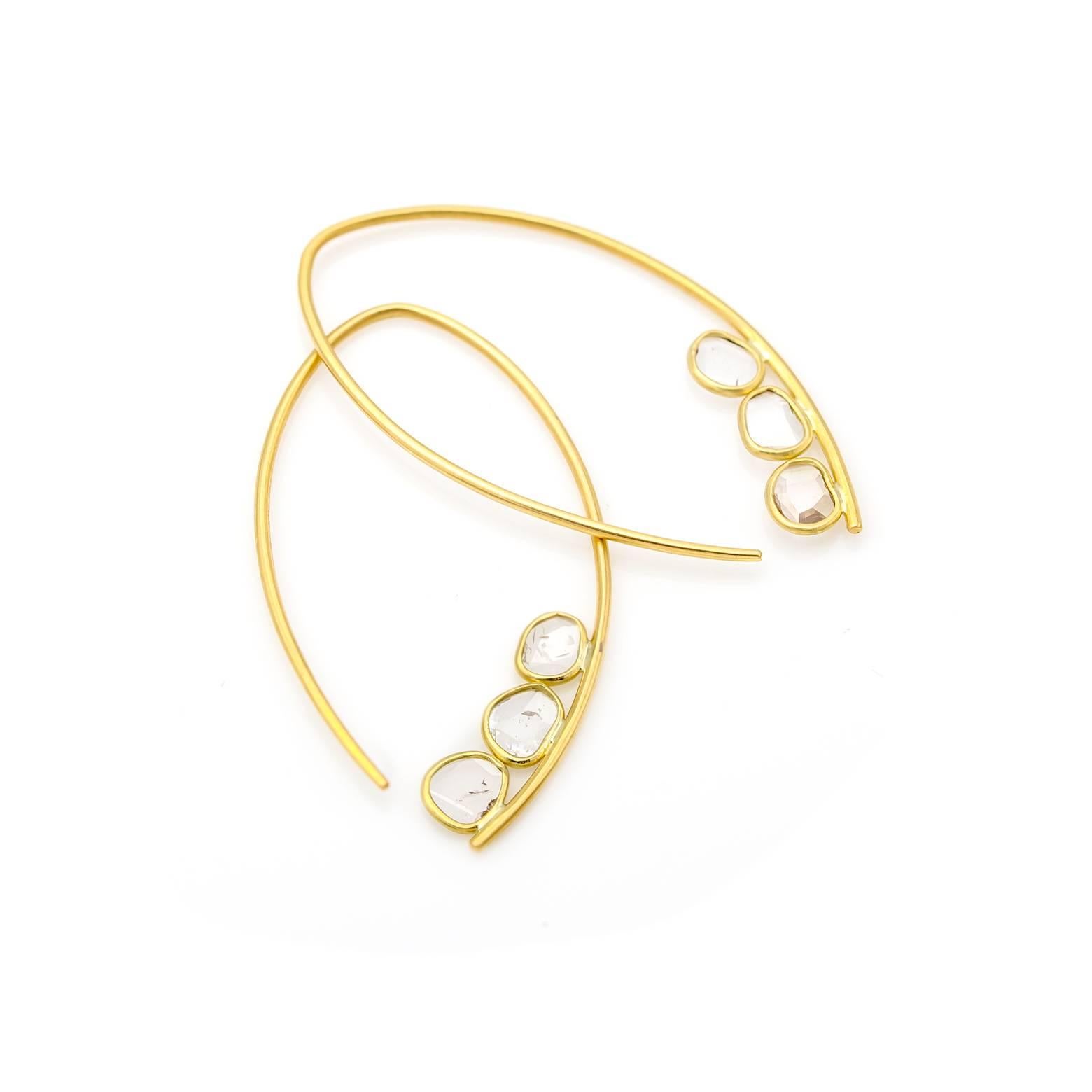 Satin Yellow Gold and Rose Cut Diamond Drop Hoop Earrings In Excellent Condition In Berkeley, CA