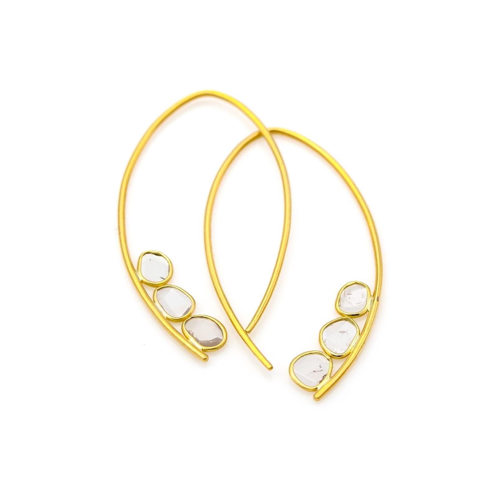 Women's Satin Yellow Gold and Rose Cut Diamond Drop Hoop Earrings