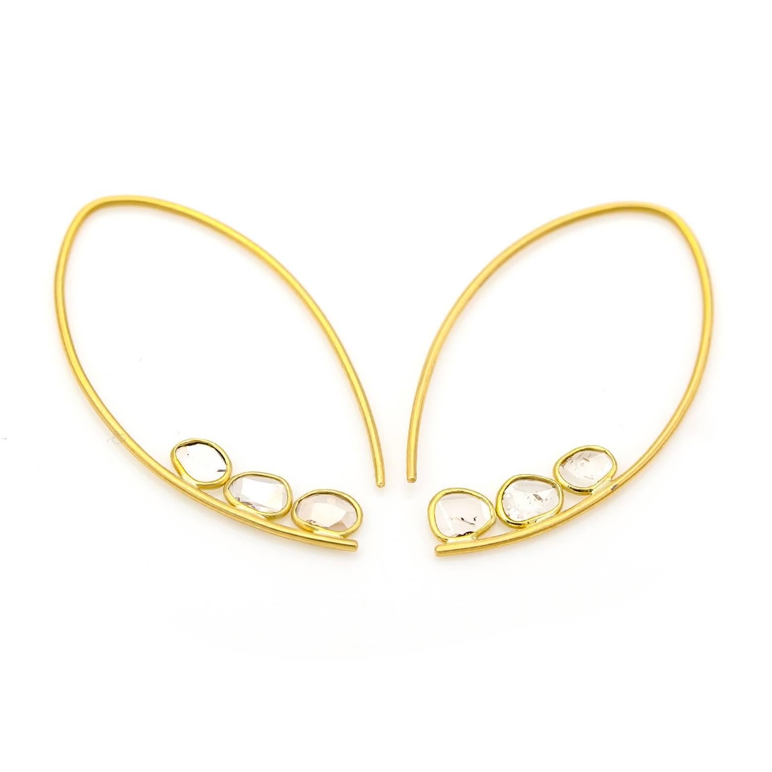 Satin Yellow Gold and Rose Cut Diamond Drop Hoop Earrings 1