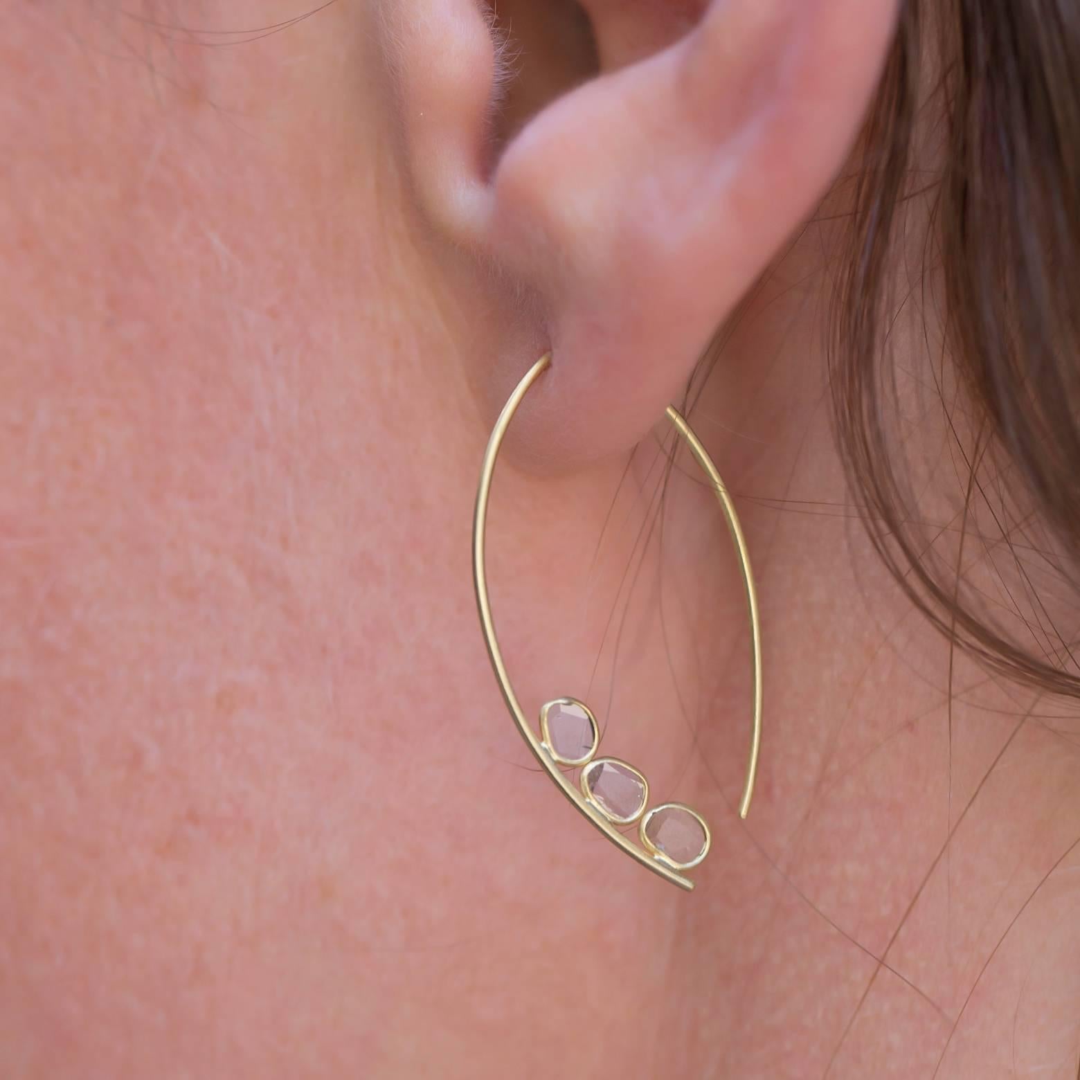 Satin Yellow Gold and Rose Cut Diamond Drop Hoop Earrings 2