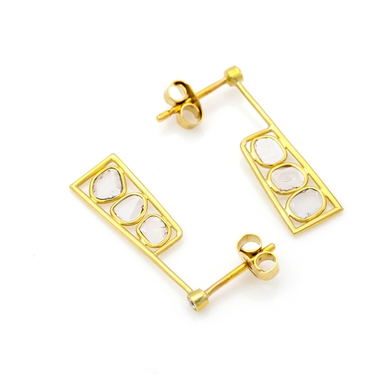 Modern Satin Yellow Gold and Rose Cut Diamond Square Rectangle Post Earrings