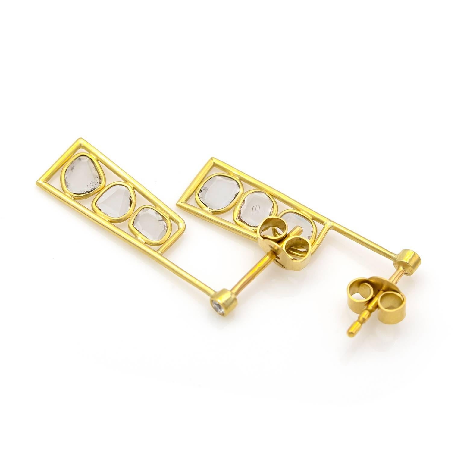 Satin Yellow Gold and Rose Cut Diamond Square Rectangle Post Earrings In Excellent Condition In Berkeley, CA