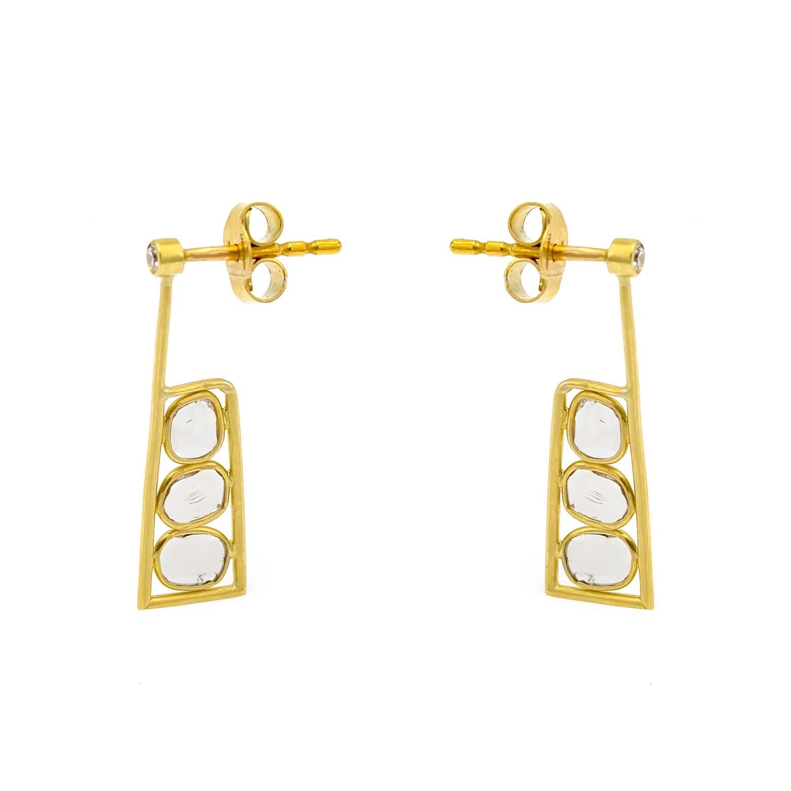 Satin Yellow Gold and Rose Cut Diamond Square Rectangle Post Earrings 1
