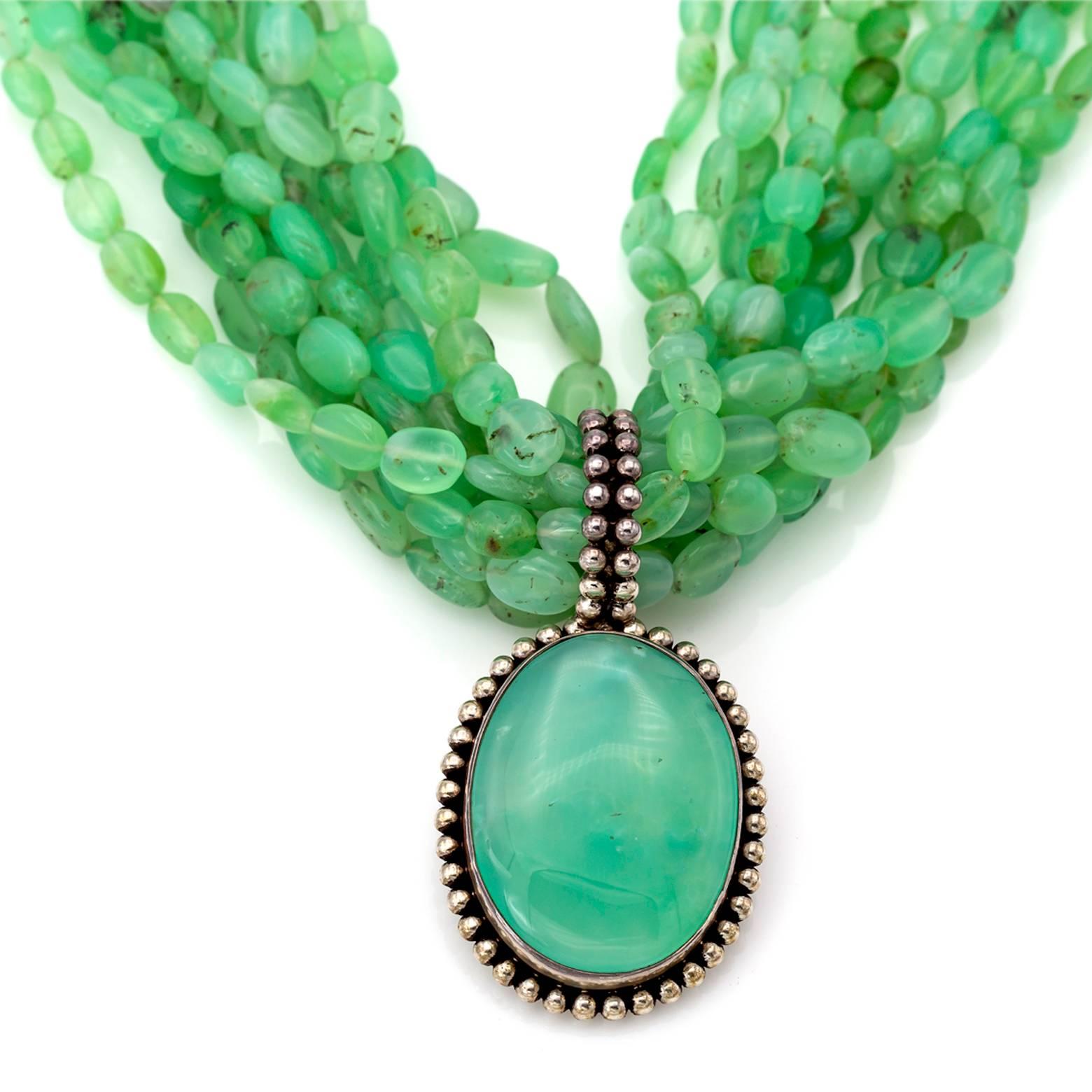 Multi-Strand Chrysoprase Necklace with Large Pendant in Sterling Silver 1