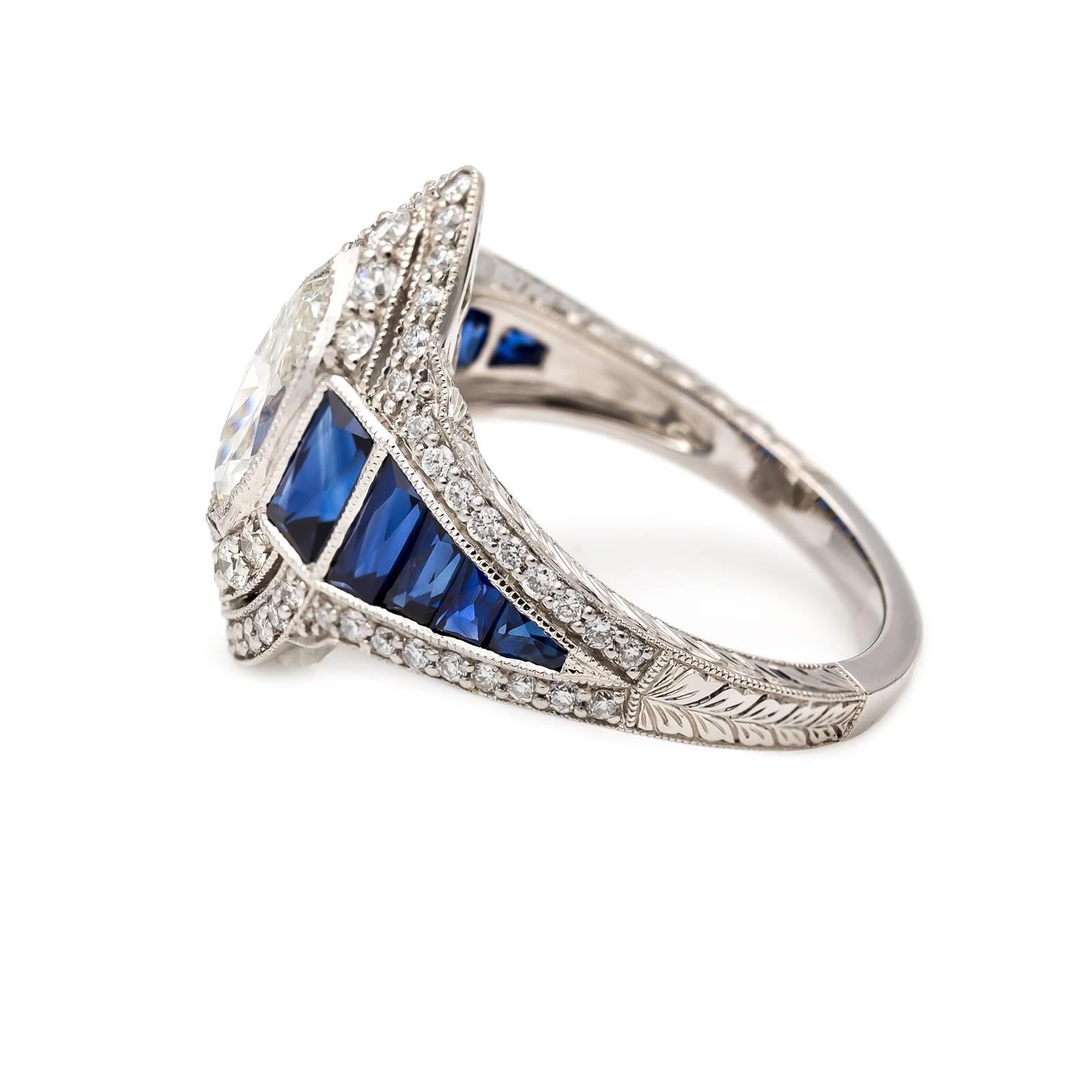 Art Deco Style Marquise Diamond and Sapphire Baguette Ring In Platinum  In Excellent Condition In Berkeley, CA