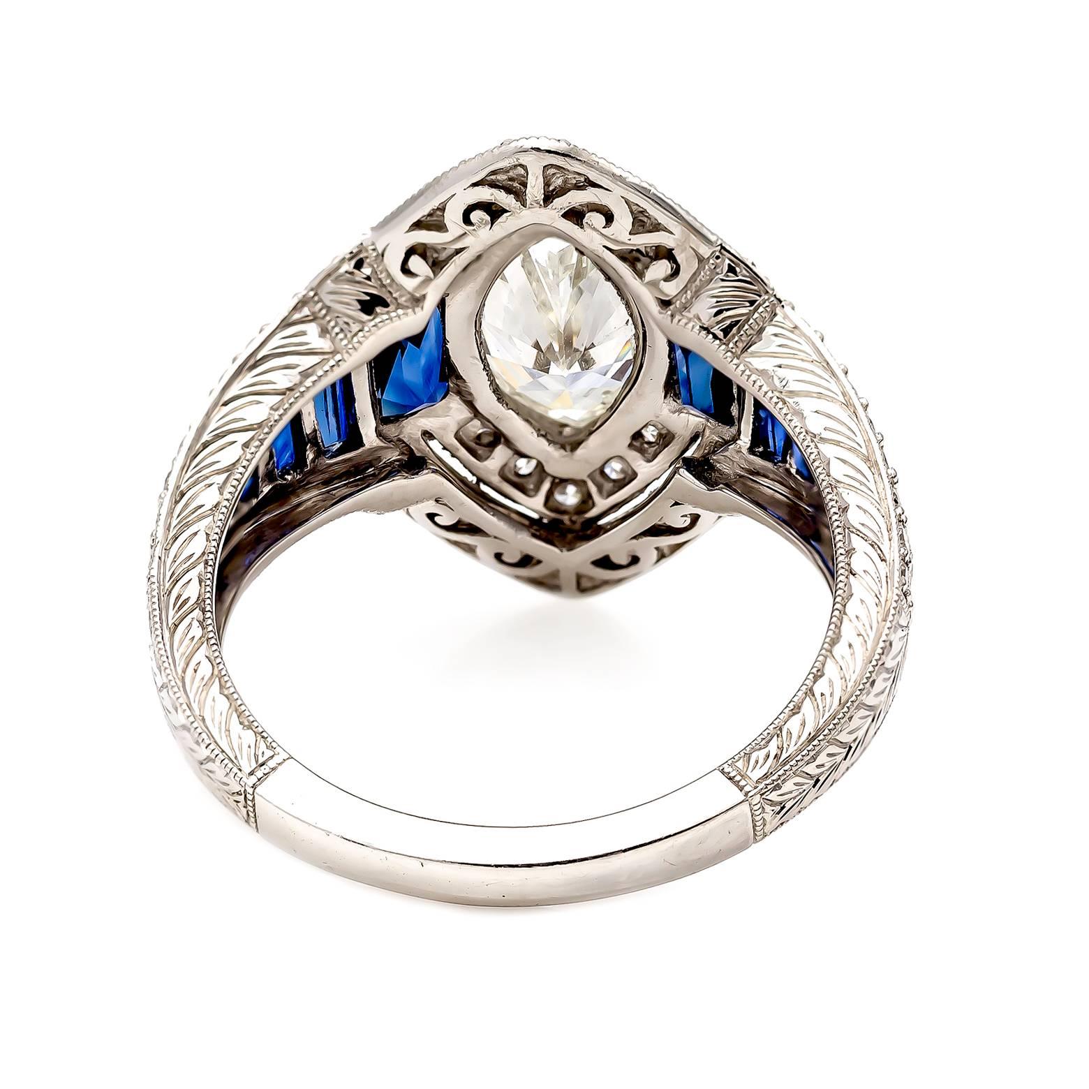 Women's Art Deco Style Marquise Diamond and Sapphire Baguette Ring In Platinum 