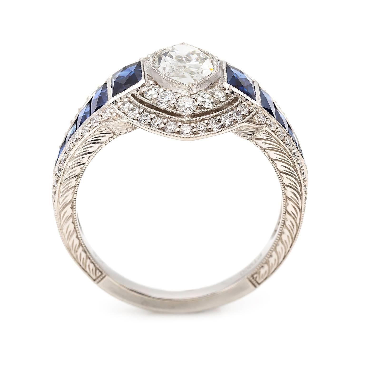 Art Deco Style Marquise Diamond and Sapphire Baguette Ring In Platinum  1