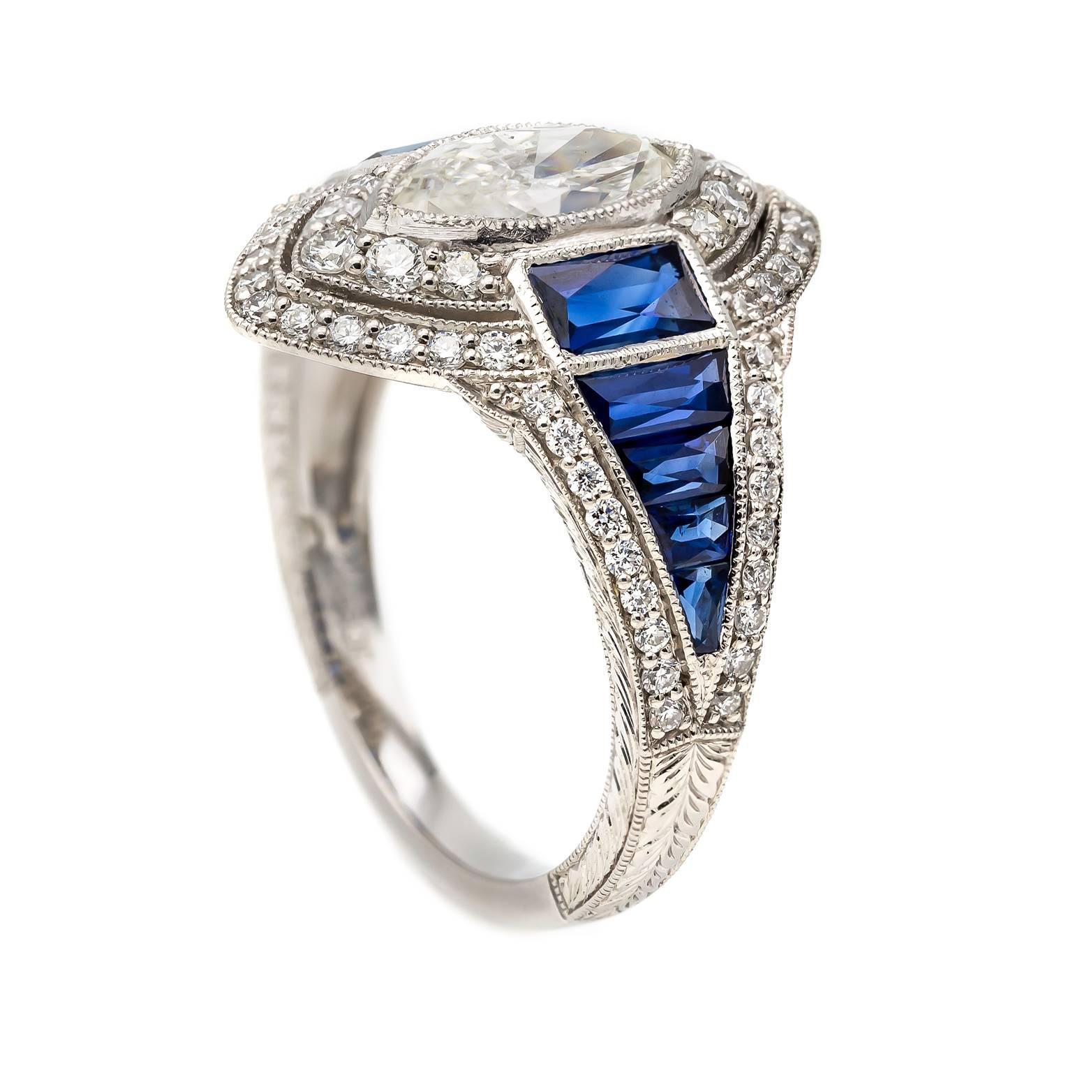 Art Deco Style Marquise Diamond and Sapphire Baguette Ring In Platinum  2