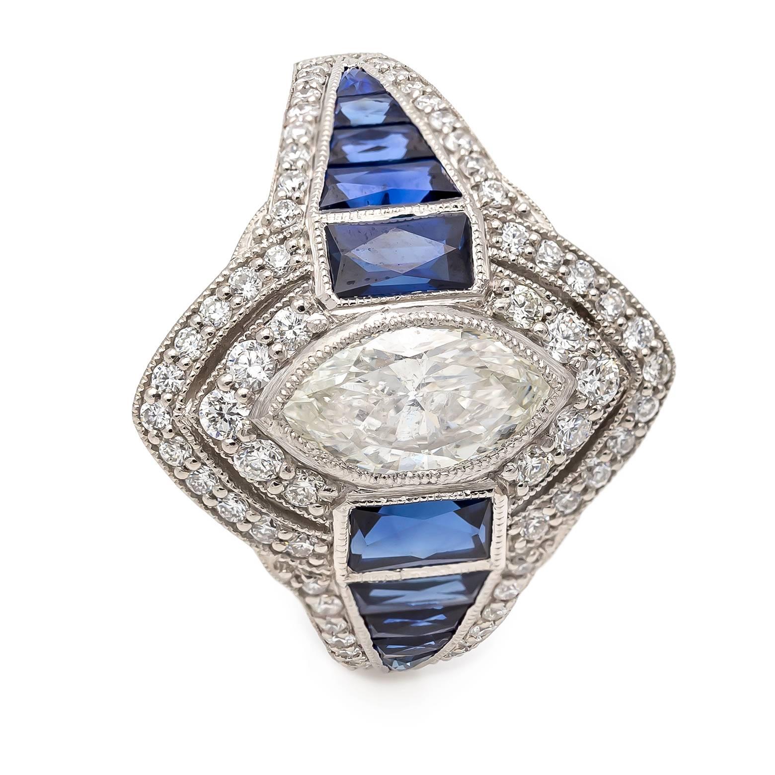 Art Deco Style Marquise Diamond and Sapphire Baguette Ring In Platinum  3