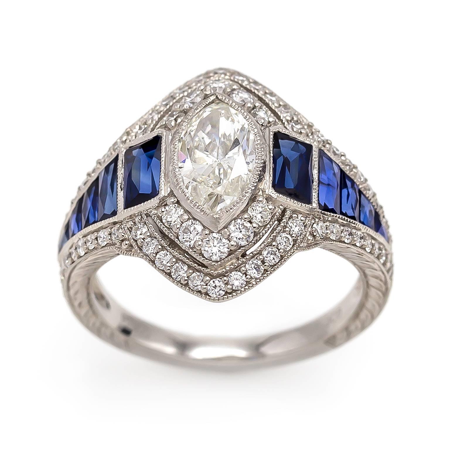Art Deco Style Marquise Diamond and Sapphire Baguette Ring In Platinum  4