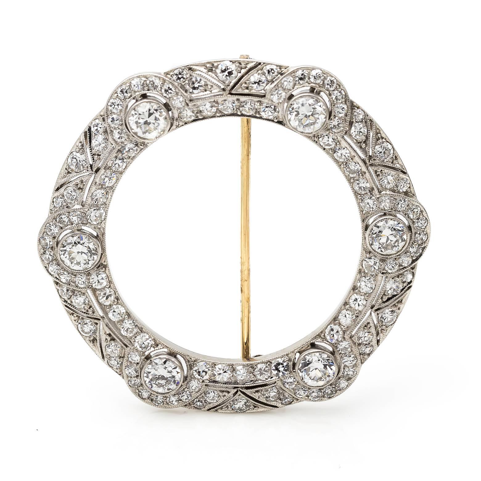 Women's or Men's Art Deco Platinum Diamond Brooch Circle Geometric Old European Cut