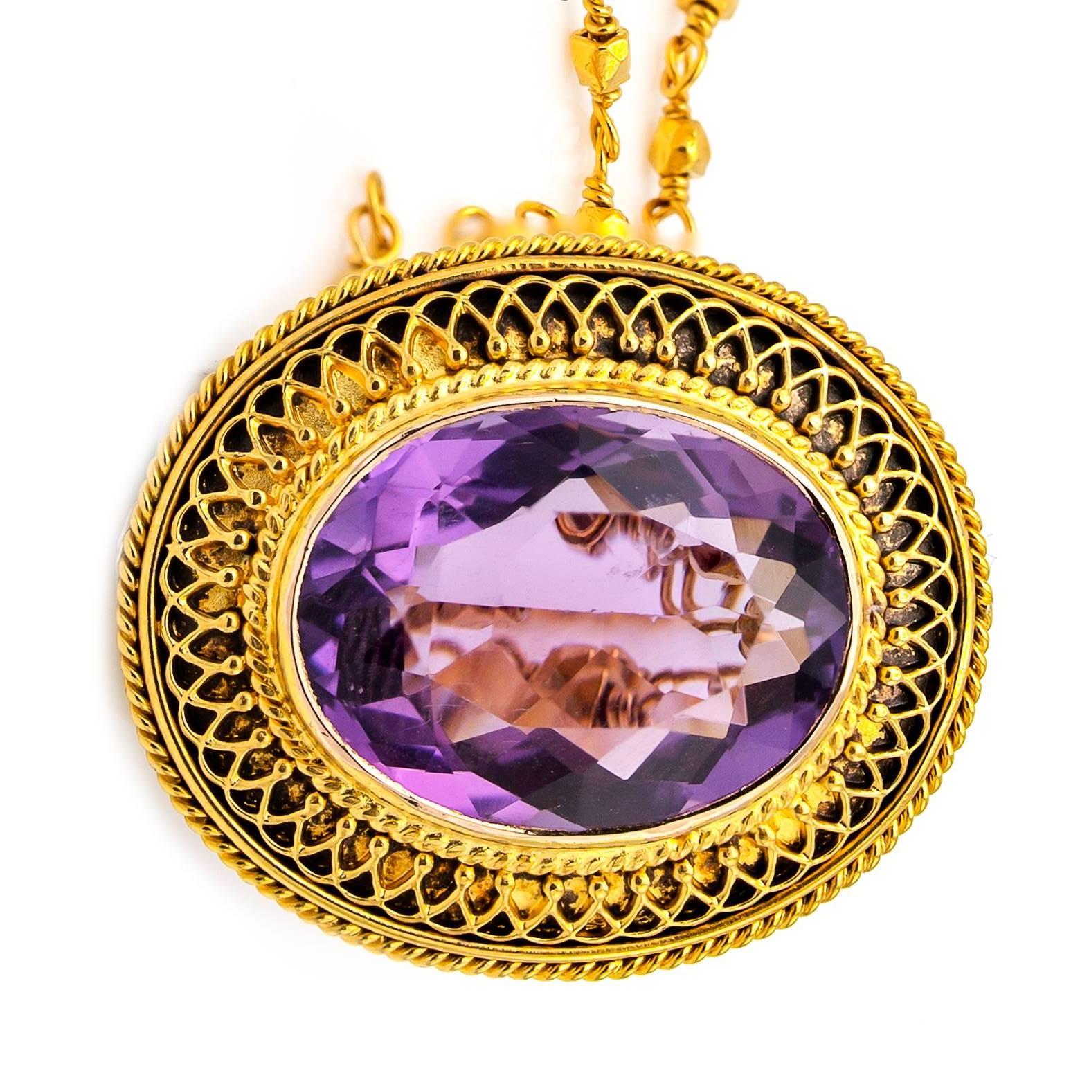 Amethyst Oval Set in 14 Karat Gold Filigree Necklace In Excellent Condition In Berkeley, CA