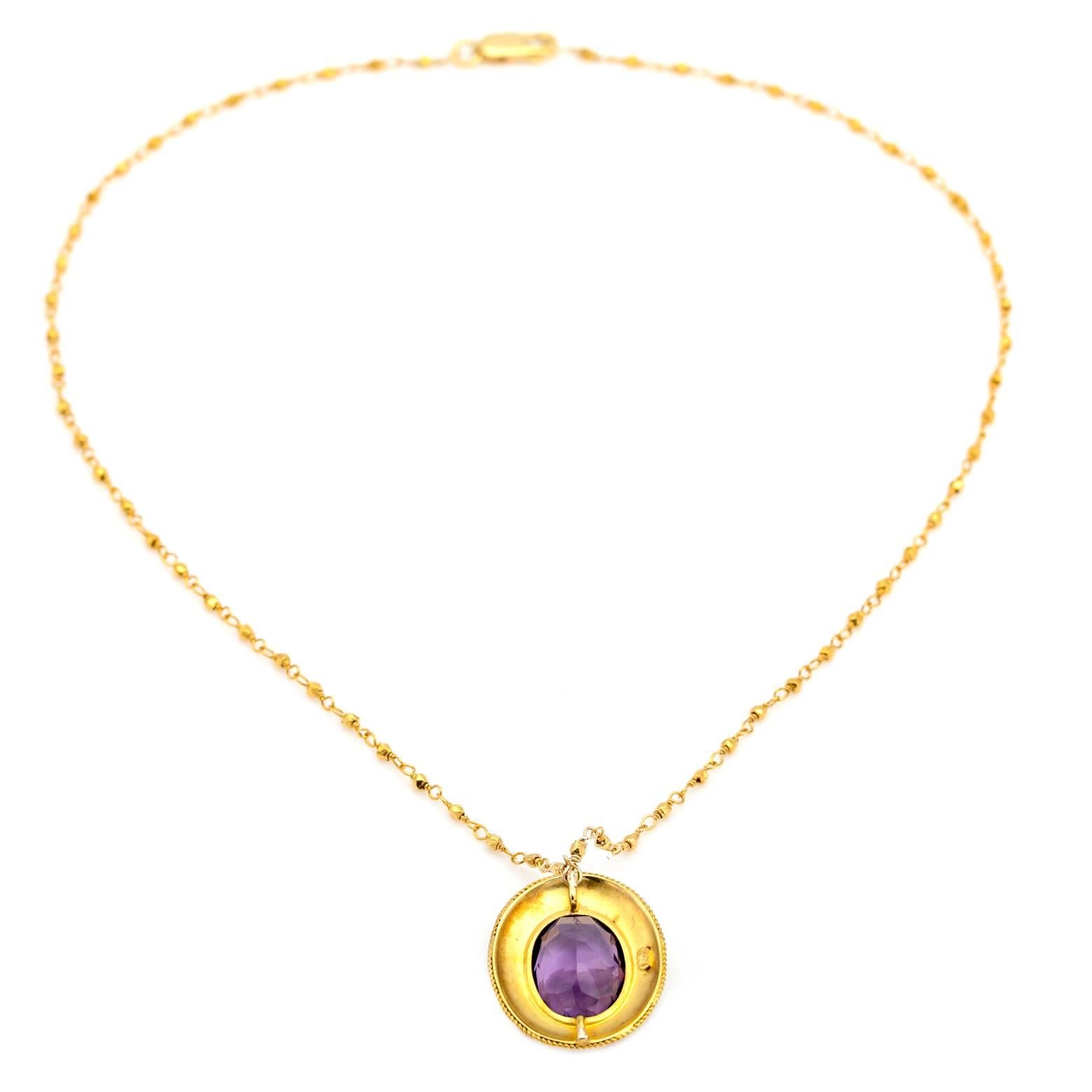 Romantic Amethyst Oval Set in 14 Karat Gold Filigree Necklace