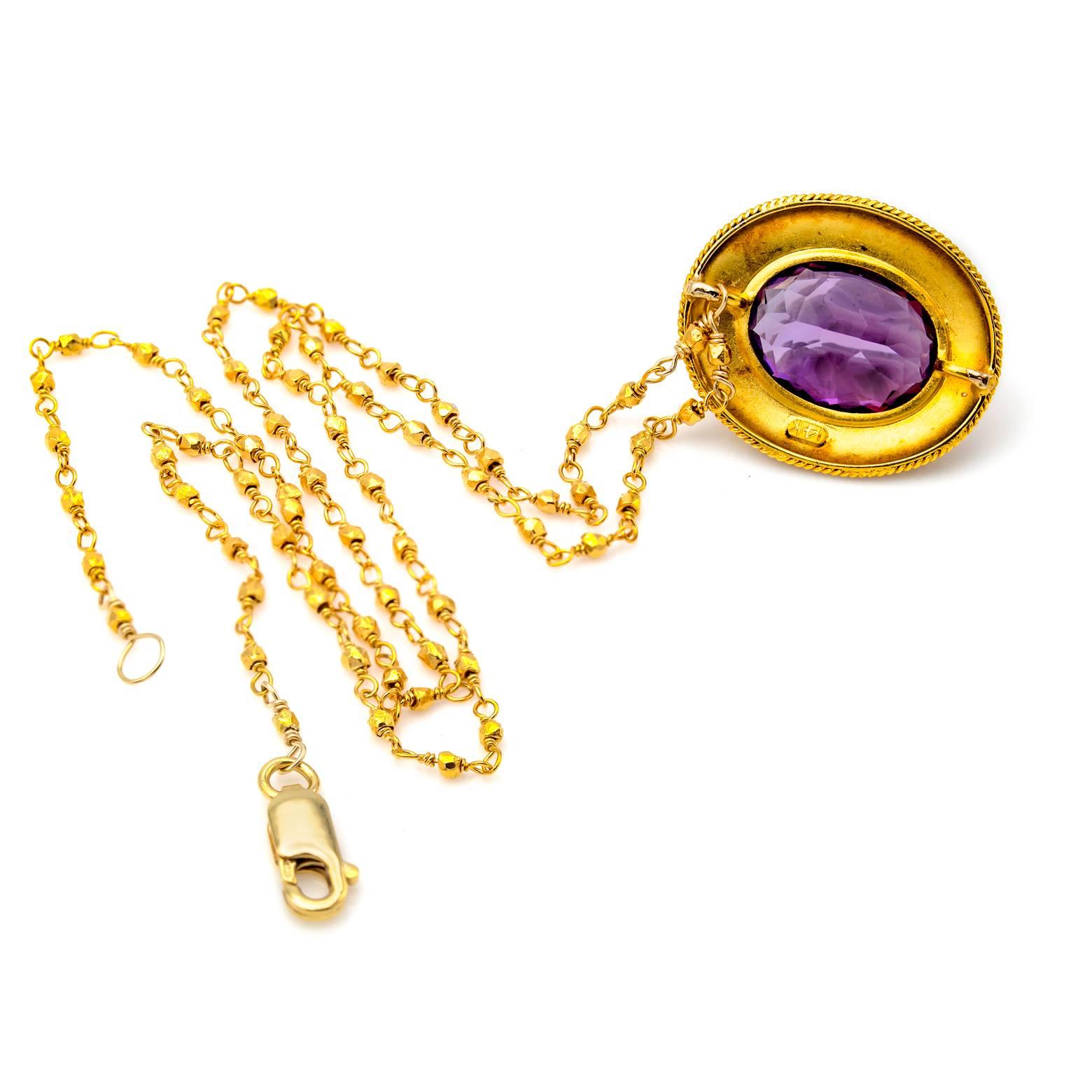 Women's Amethyst Oval Set in 14 Karat Gold Filigree Necklace