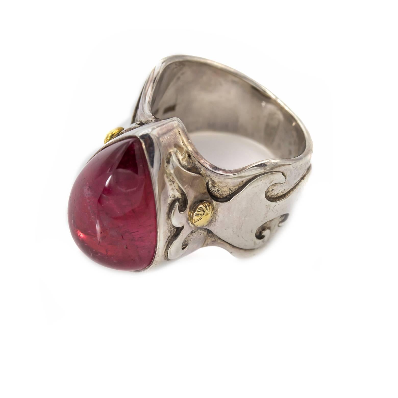 Women's or Men's Large Tear Drop Pink Tourmaline Ring in Silver and Gold