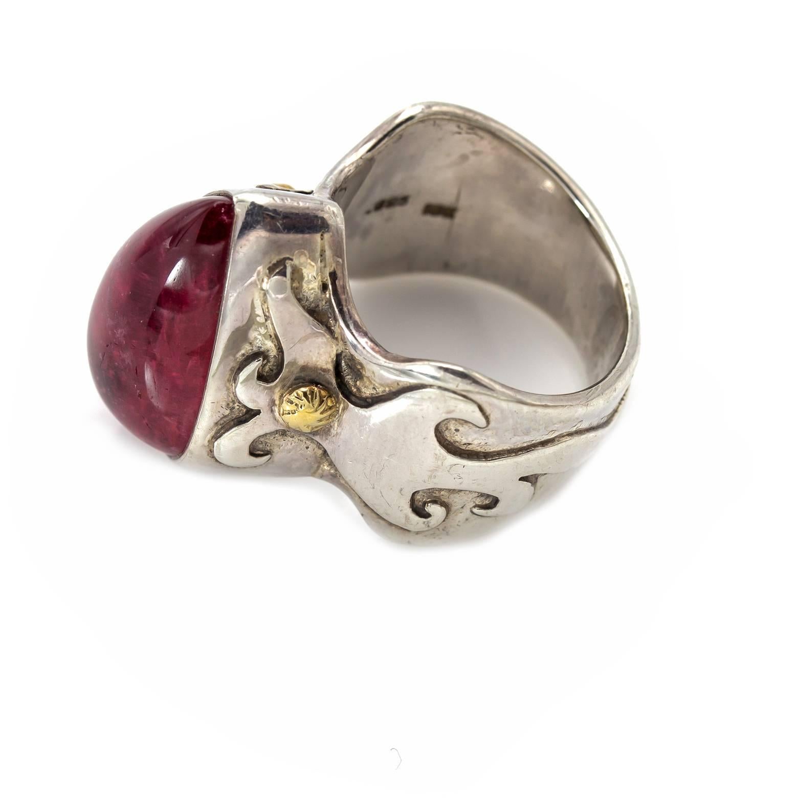 Large Tear Drop Pink Tourmaline Ring in Silver and Gold 1