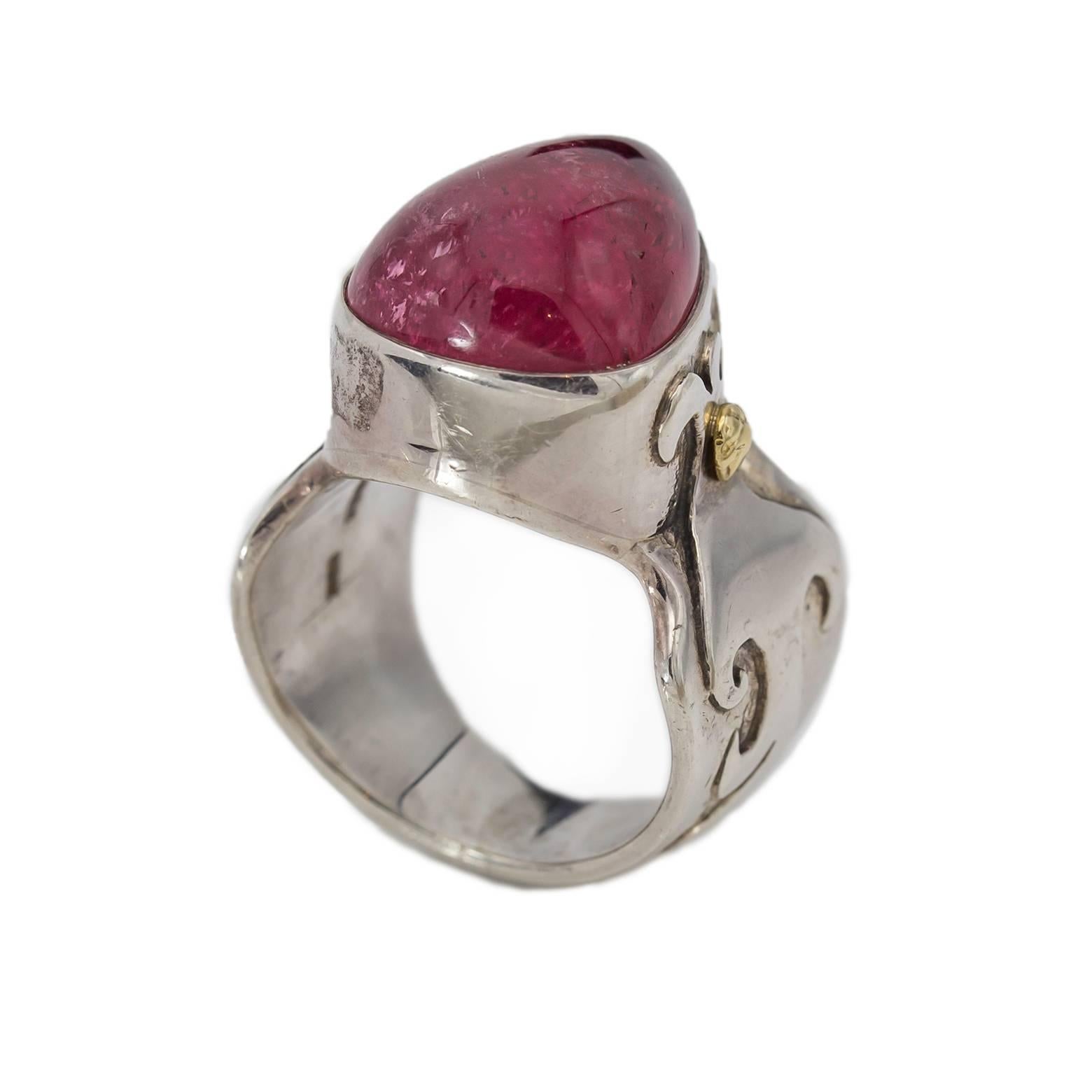 Large Tear Drop Pink Tourmaline Ring in Silver and Gold In Excellent Condition In Berkeley, CA