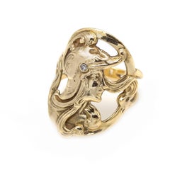 Art Nouveau Style War Goddess Ring in Yellow Gold with Diamond
