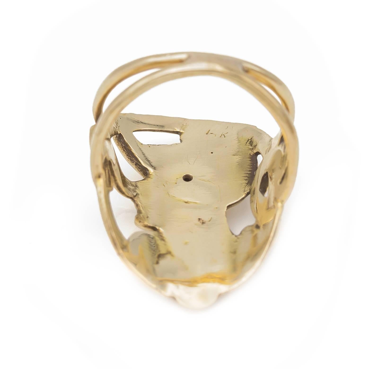 Art Nouveau Style War Goddess Ring in Yellow Gold with Diamond In Excellent Condition In Berkeley, CA