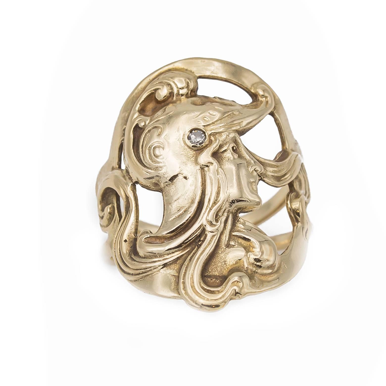 Women's Art Nouveau Style War Goddess Ring in Yellow Gold with Diamond