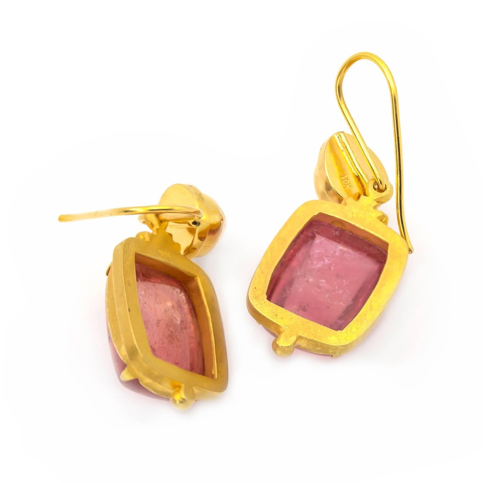 Women's Large Square Pink Tourmaline and Tear Moonstone Earrings in Yellow Gold