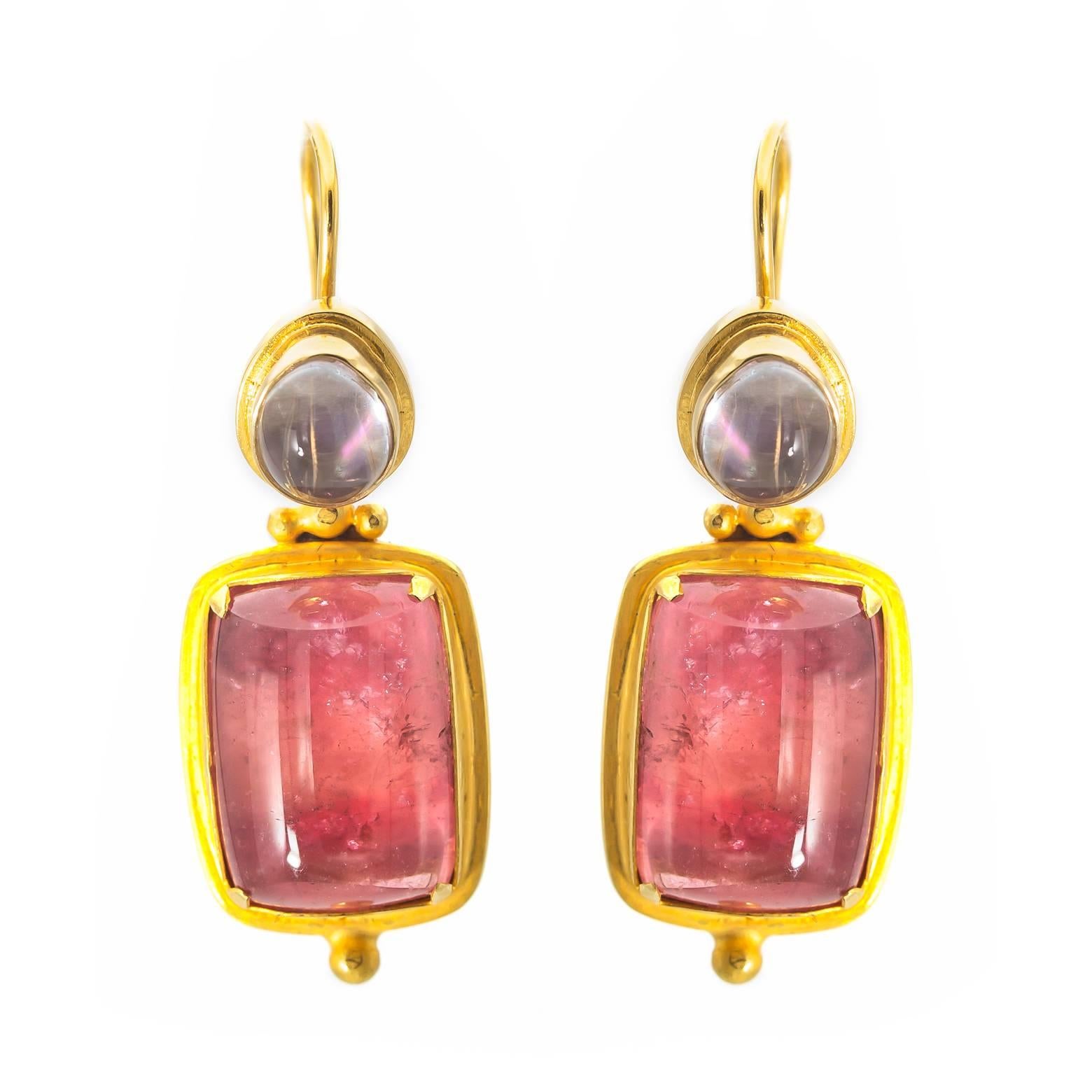 Large Square Pink Tourmaline and Tear Moonstone Earrings in Yellow Gold