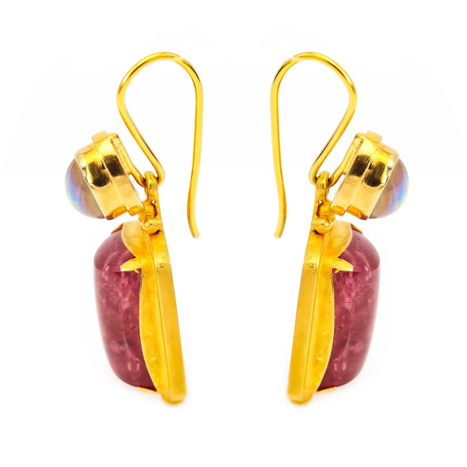Contemporary Large Square Pink Tourmaline and Tear Moonstone Earrings in Yellow Gold