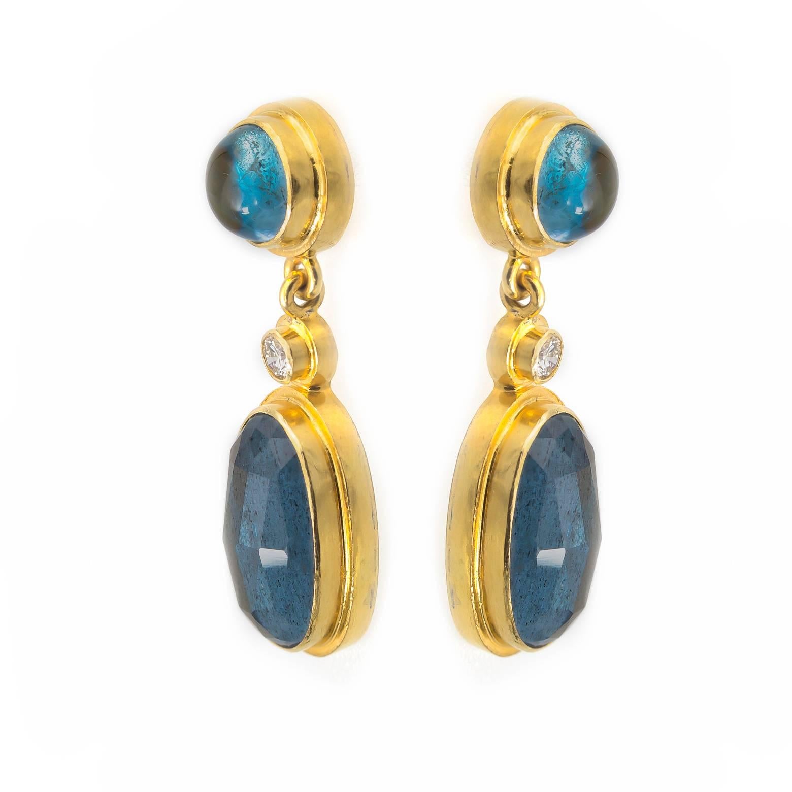 Moss Aquamarine and Blue Tourmaline Drop Earrings in Yellow Gold with Diamonds In Excellent Condition In Berkeley, CA