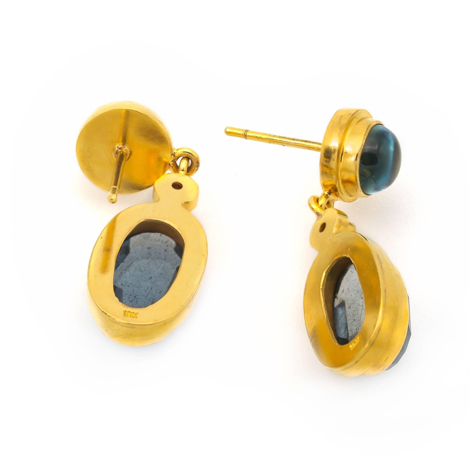 Women's Moss Aquamarine and Blue Tourmaline Drop Earrings in Yellow Gold with Diamonds