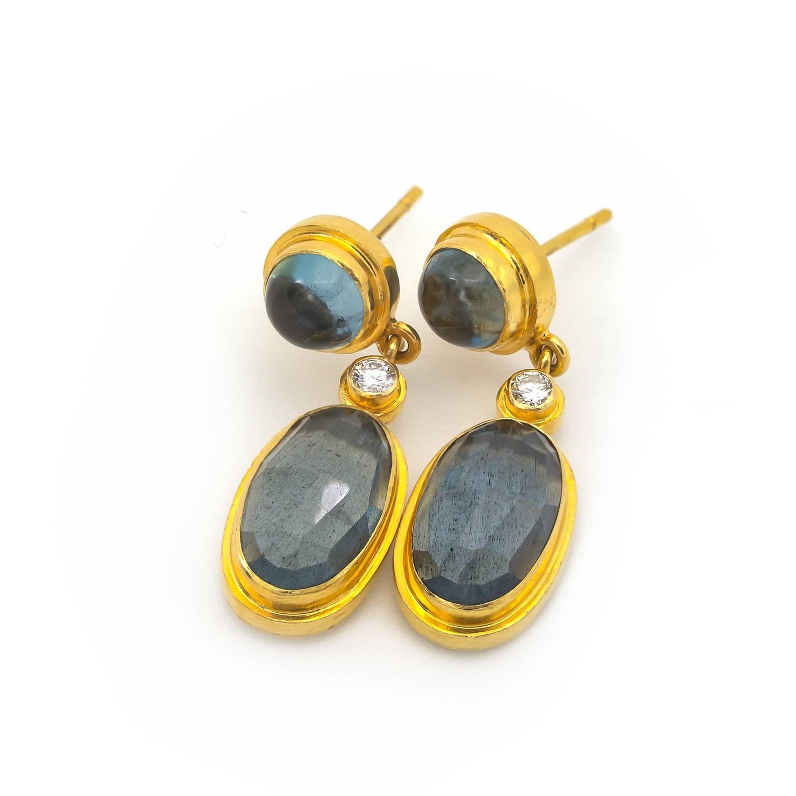 Moss Aquamarine and Blue Tourmaline Drop Earrings in Yellow Gold with Diamonds 1