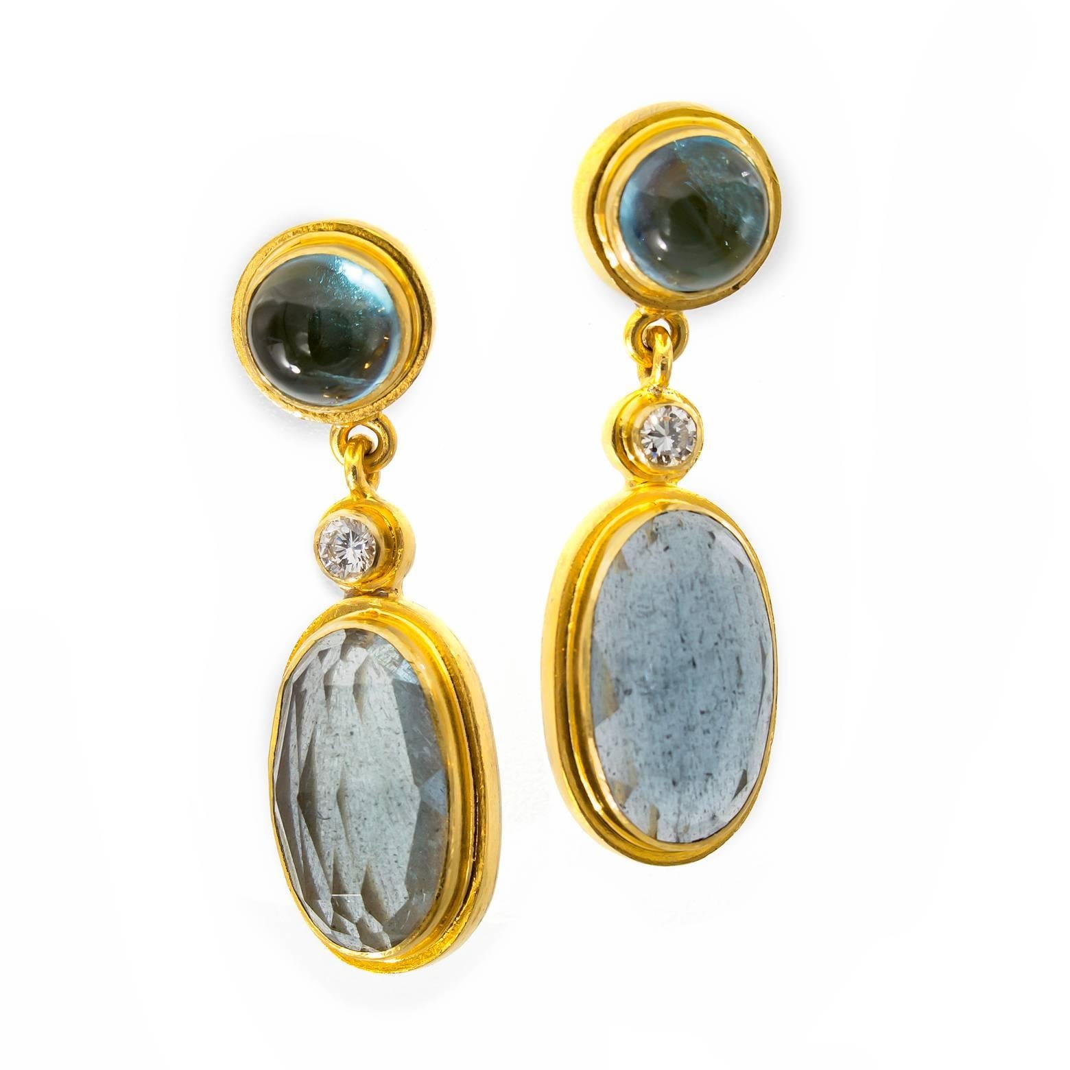 Contemporary Moss Aquamarine and Blue Tourmaline Drop Earrings in Yellow Gold with Diamonds