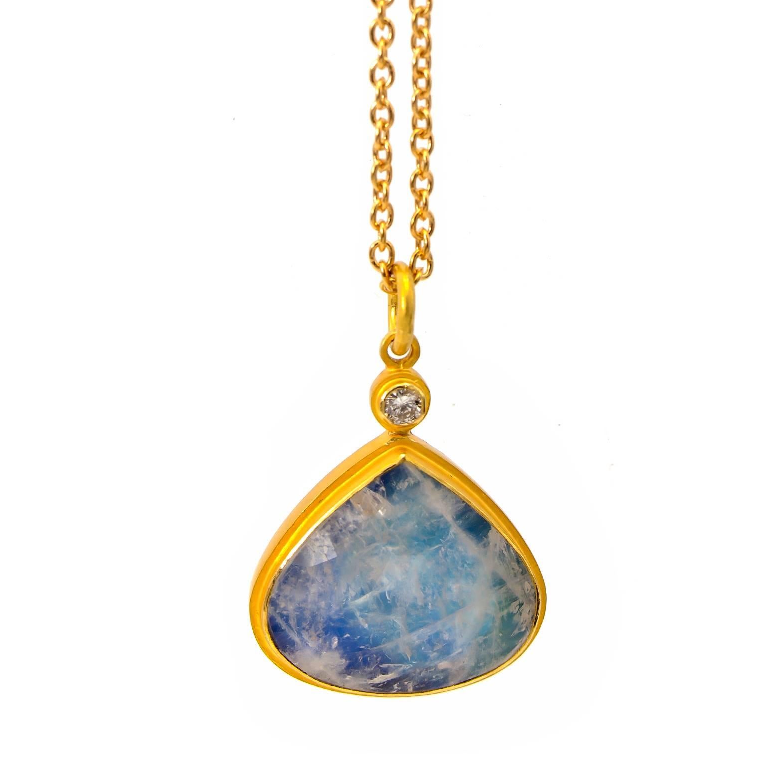 Women's Large Rainbow Moonstone and Diamond Tear Drop Pendant in Gold