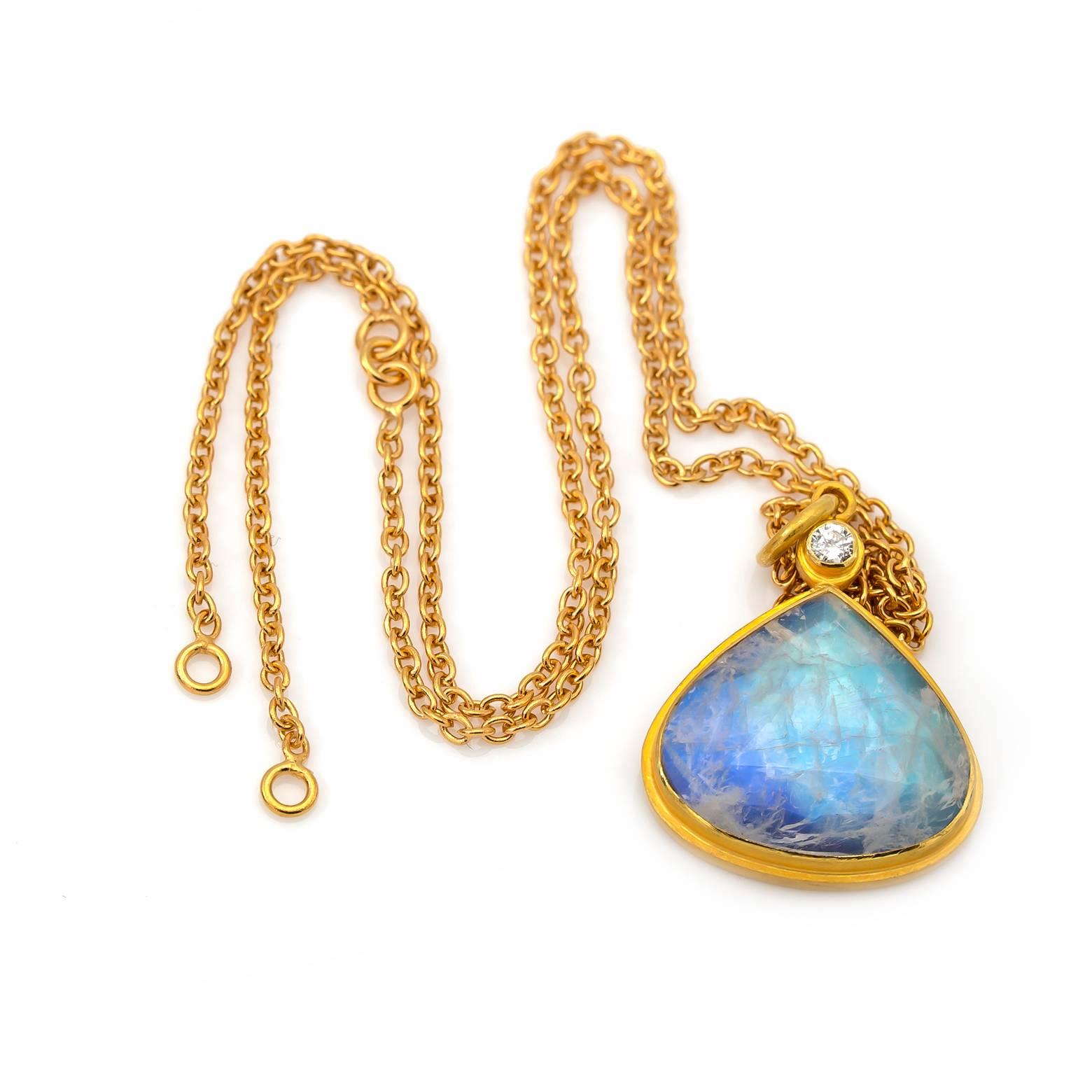 Large Rainbow Moonstone and Diamond Tear Drop Pendant in Gold In Excellent Condition In Berkeley, CA