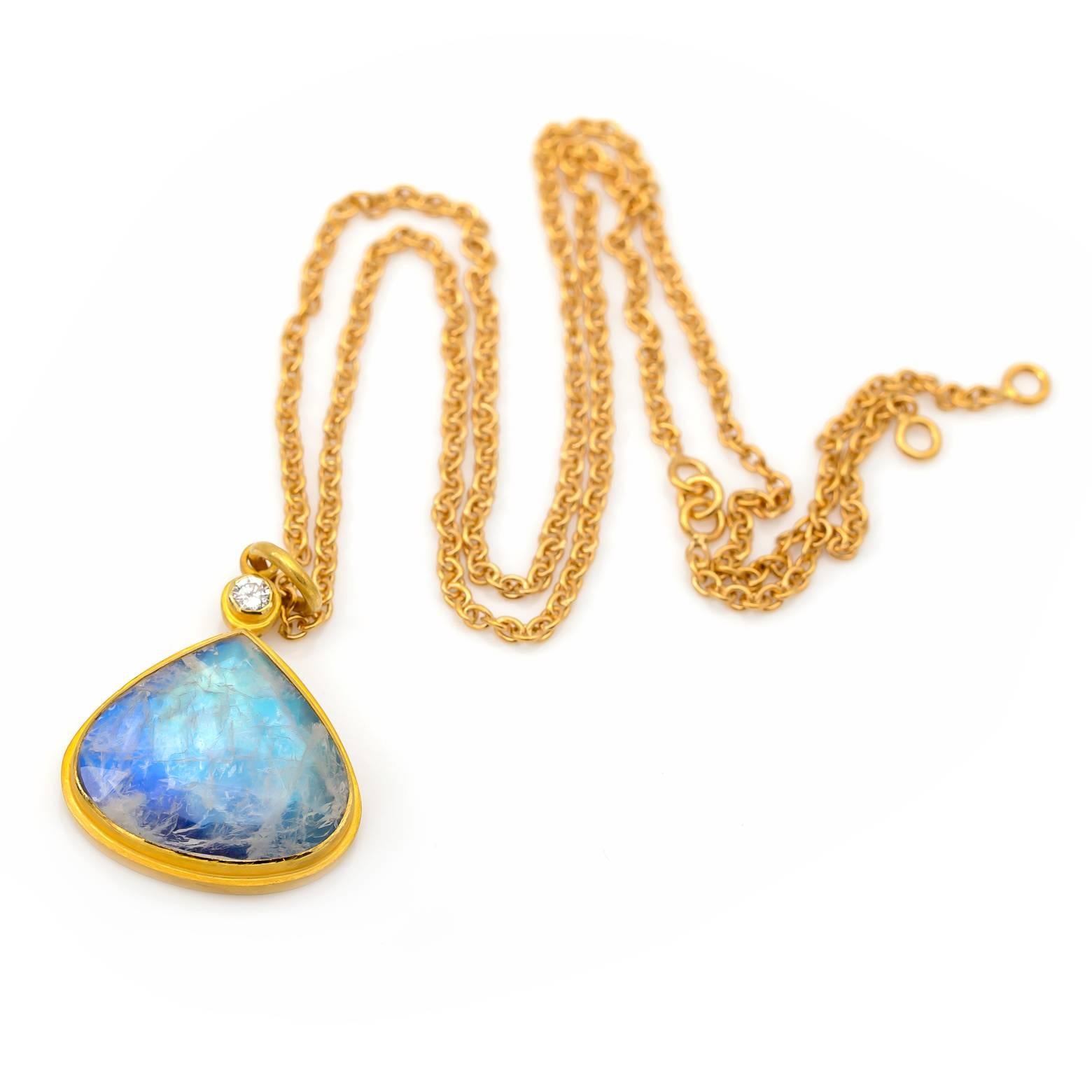 Large Rainbow Moonstone and Diamond Tear Drop Pendant in Gold 3