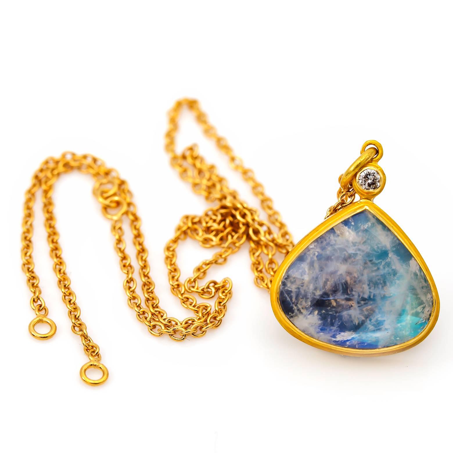 Contemporary Large Rainbow Moonstone and Diamond Tear Drop Pendant in Gold