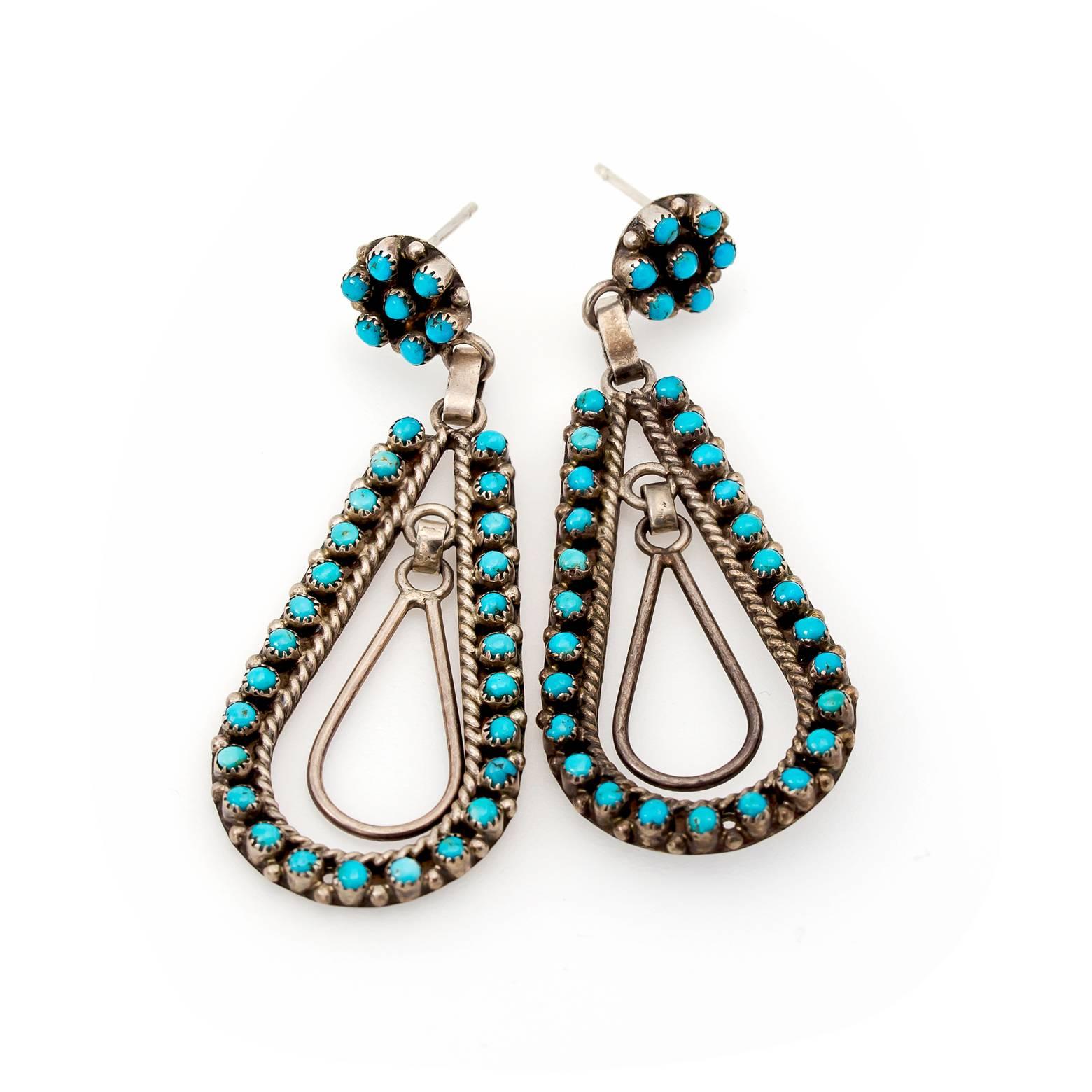 Native American Turquoise and Sterling Silver Dangling Hoops with Post Backs