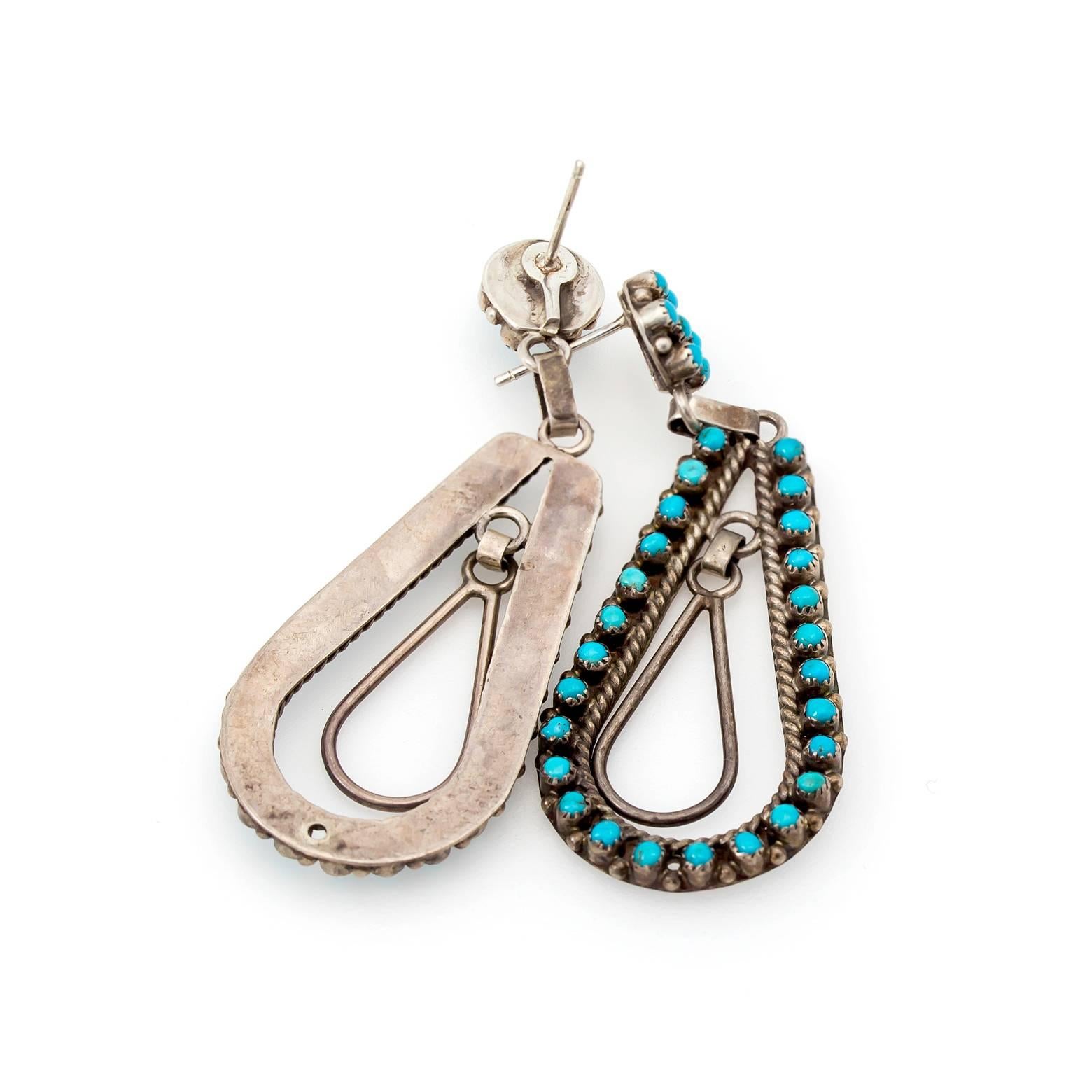 Turquoise and Sterling Silver Dangling Hoops with Post Backs In Excellent Condition In Berkeley, CA