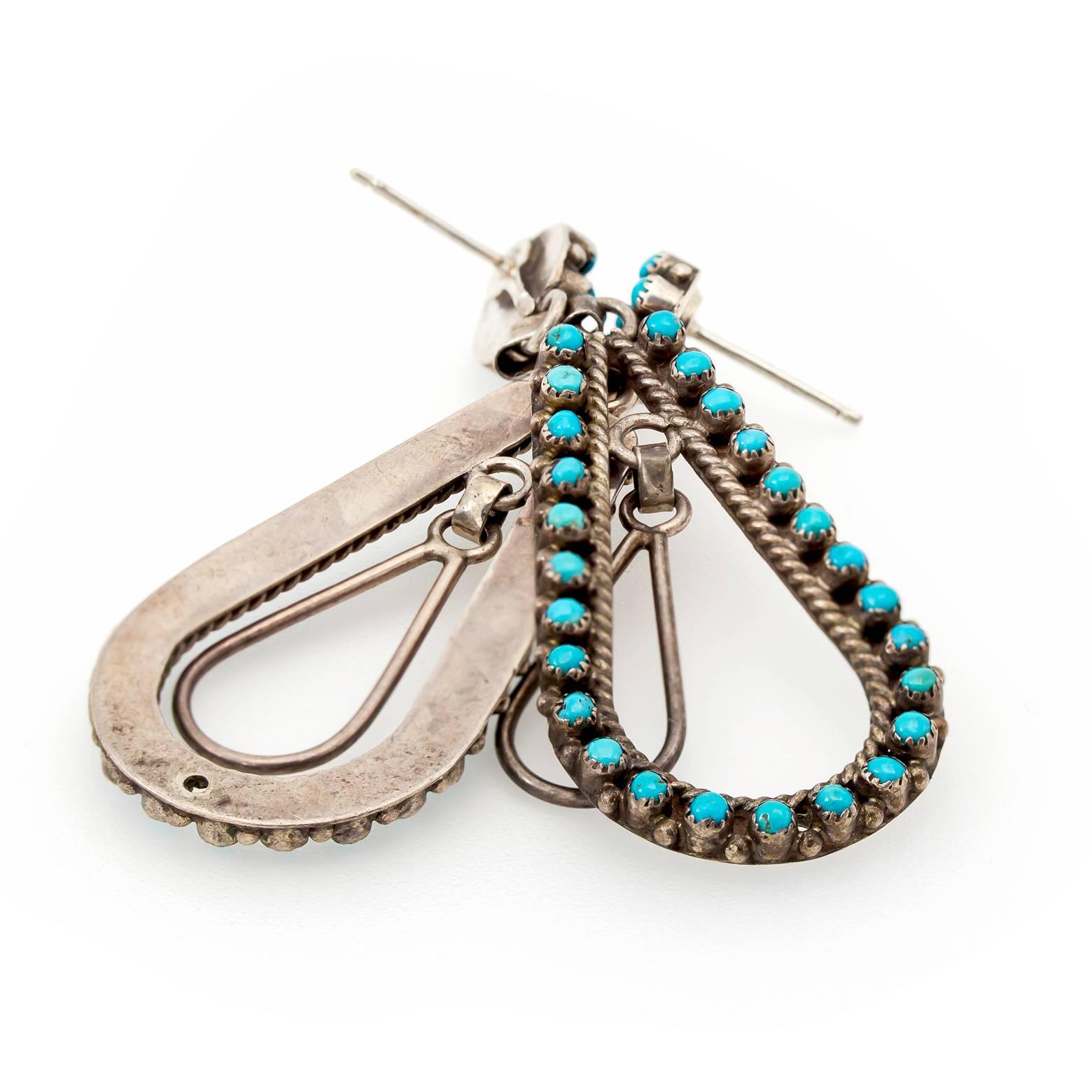 Women's Turquoise and Sterling Silver Dangling Hoops with Post Backs