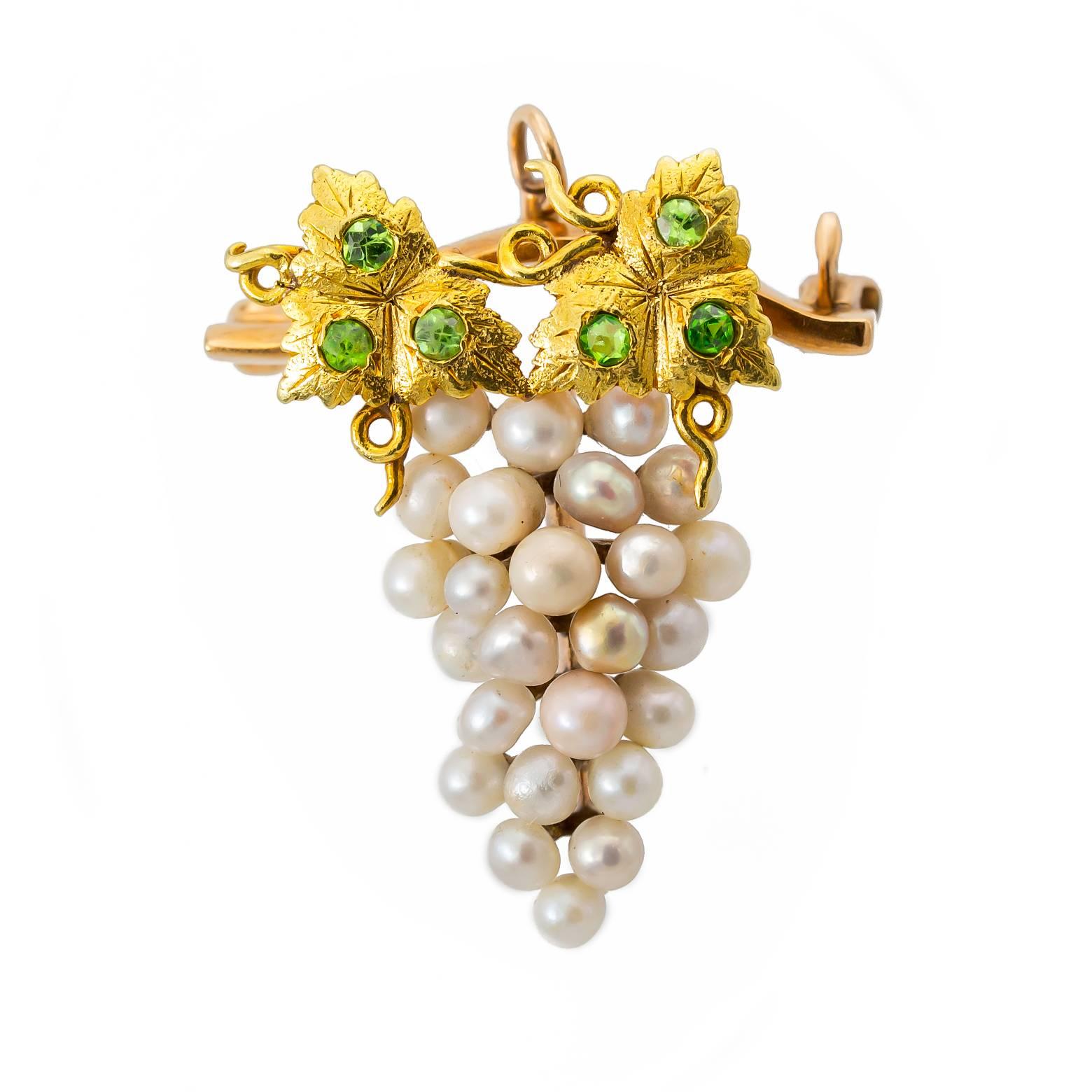 Art Nouveau Grape Pin Brooch in Gold with Demantoid Green Garnet and Fresh Water Pearls For Sale